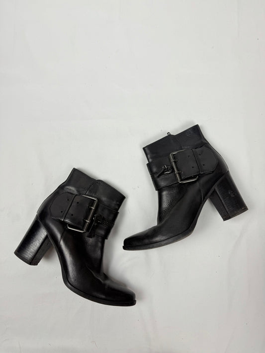 Black real leather buckle belt heels boots (37)