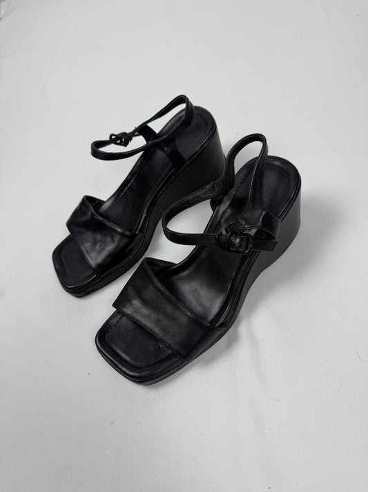 Black real leather square toes wedge heels (37)