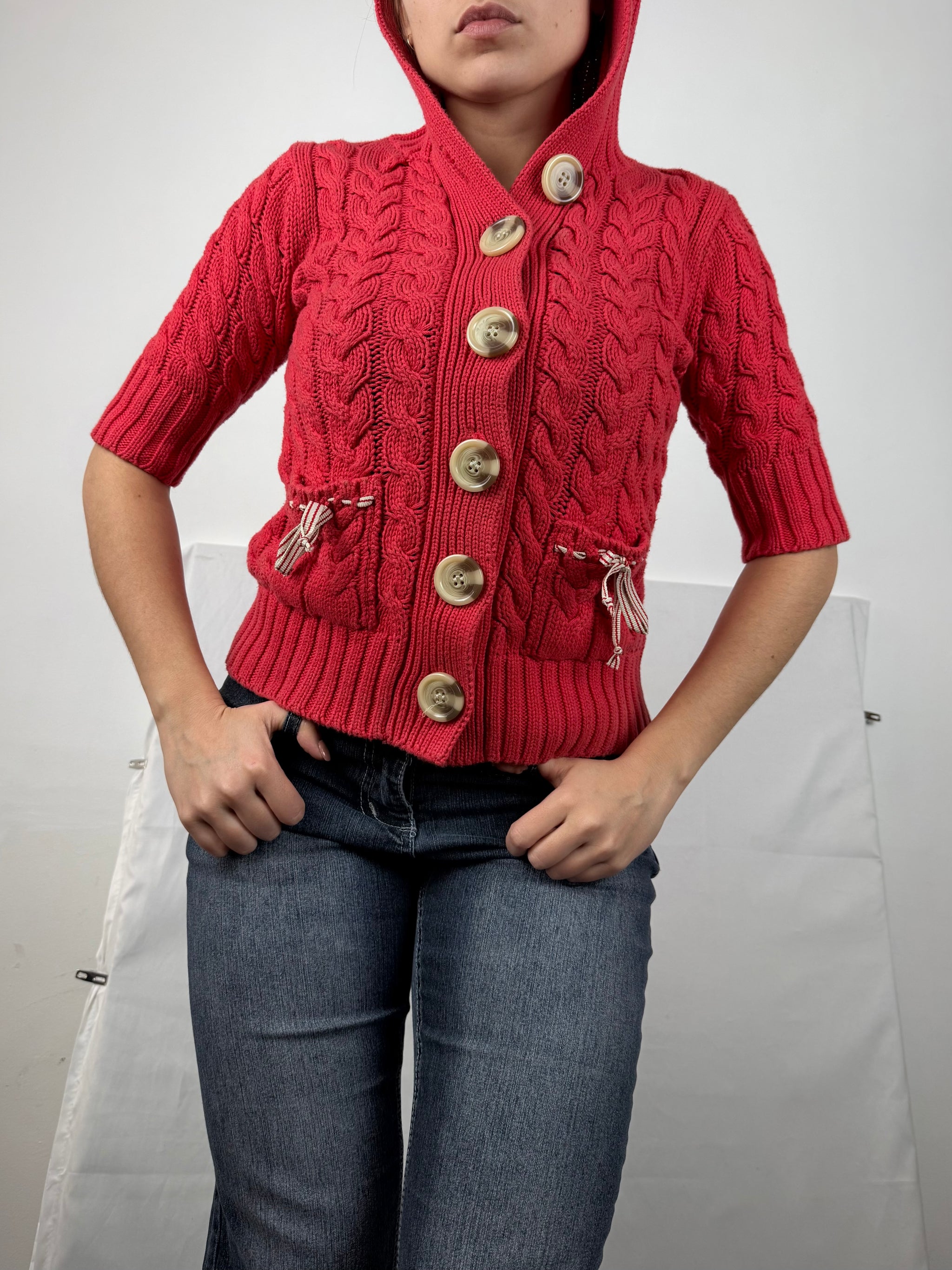 Red buttons up hooded short sleeves jumper (S)