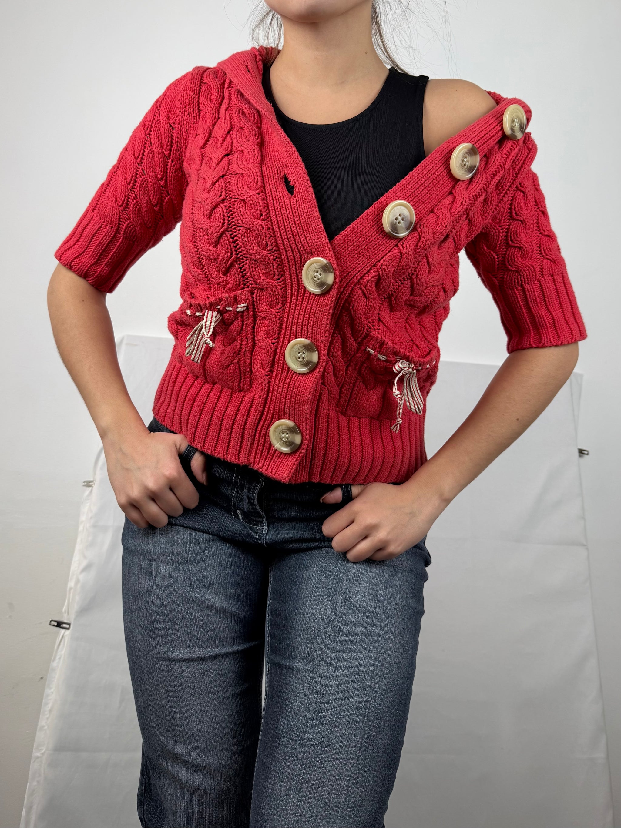 Red buttons up hooded short sleeves jumper (S)