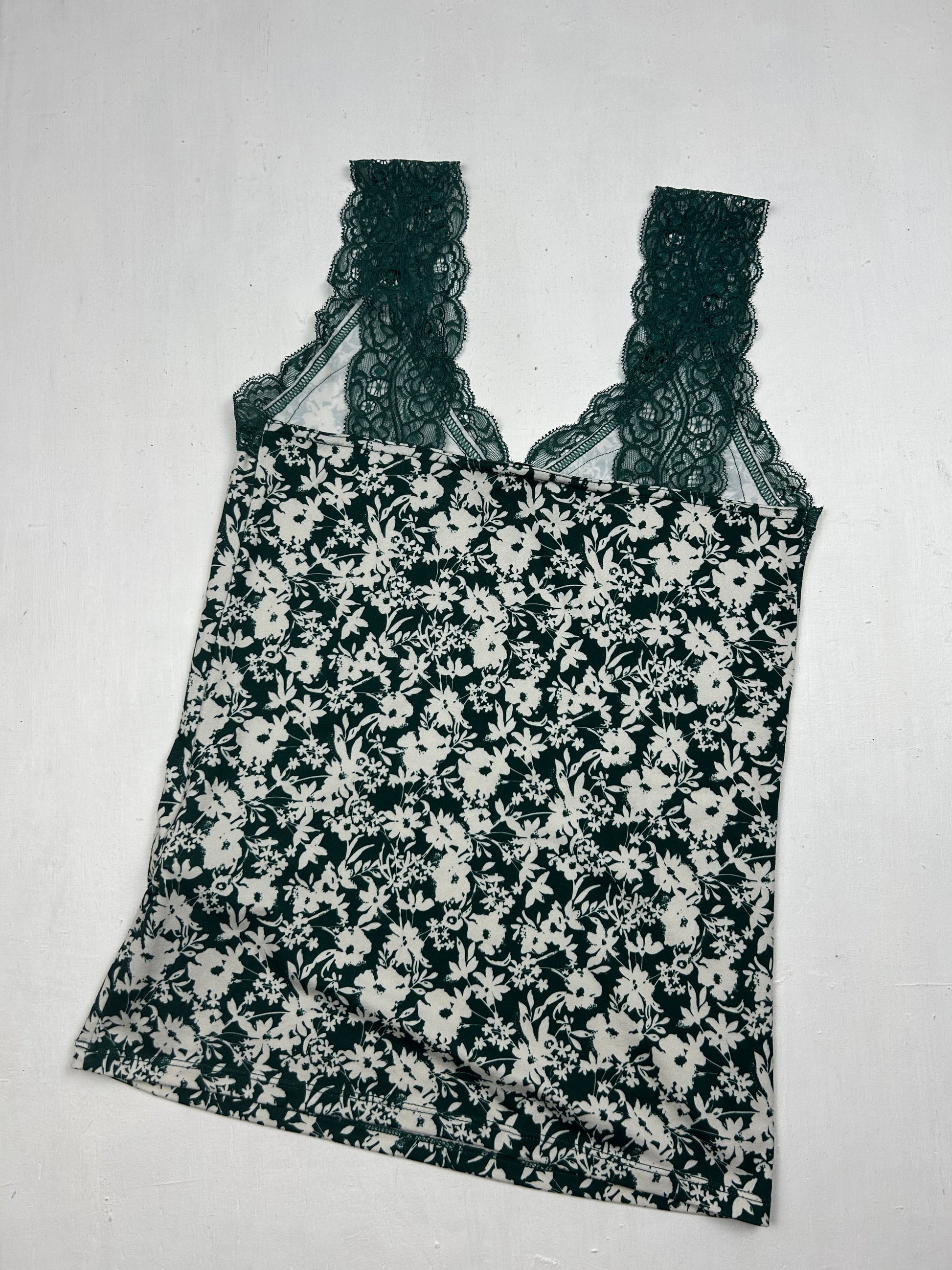 Green floral lace neck cami top (M)