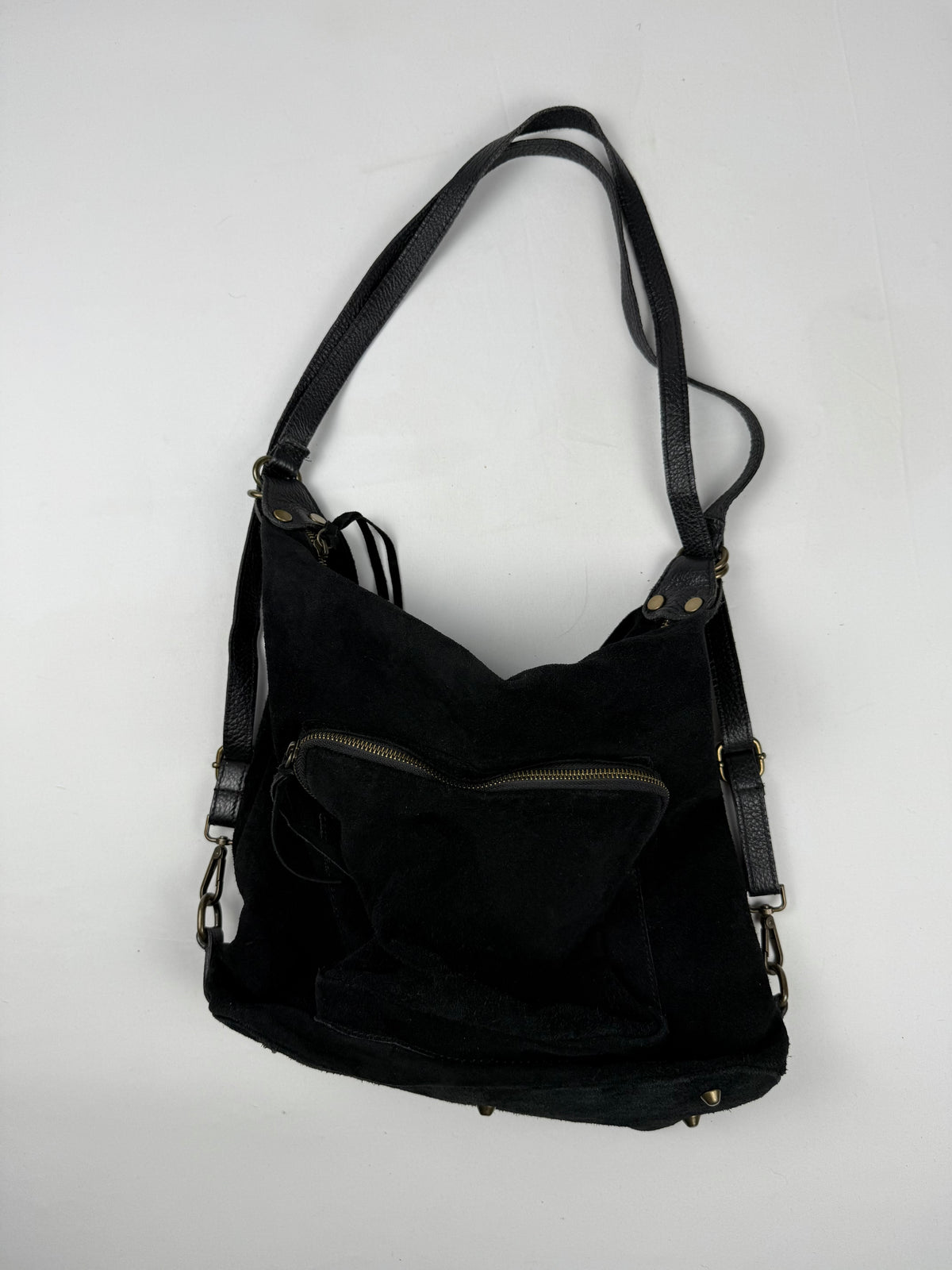 Black real suede lather besace bag