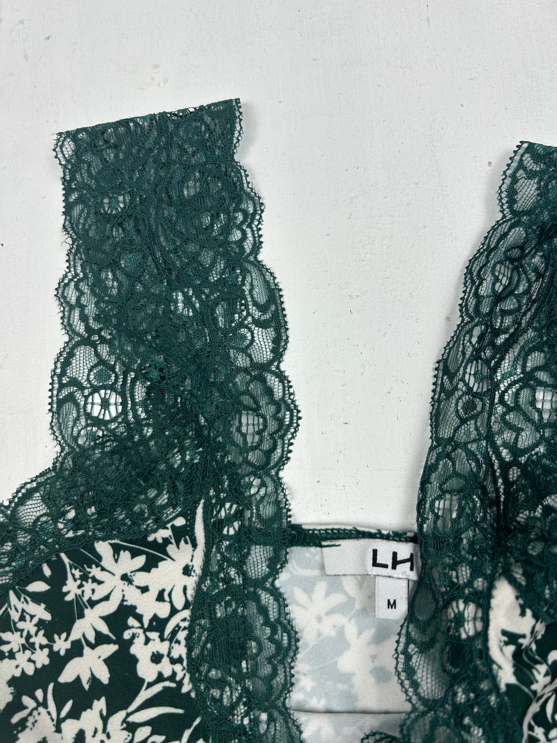 Green floral lace neck cami top (M)