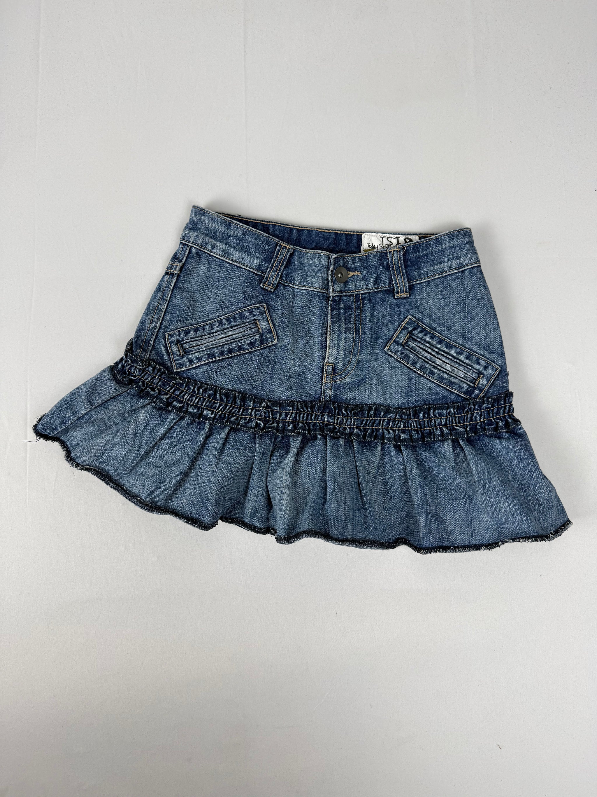 Blue denim low rise pleated mini skirt (XS)