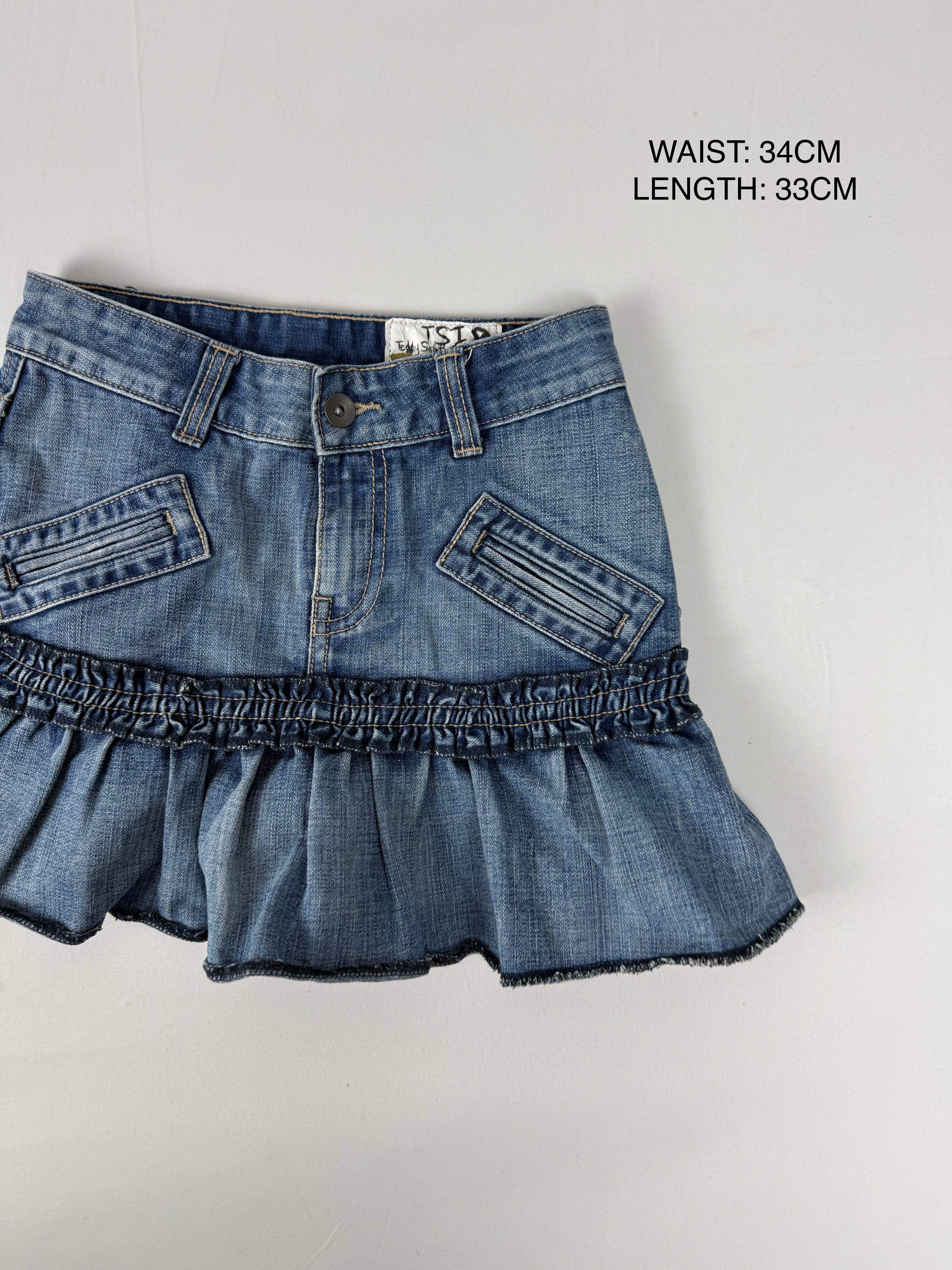 Blue denim low rise pleated mini skirt (XS)