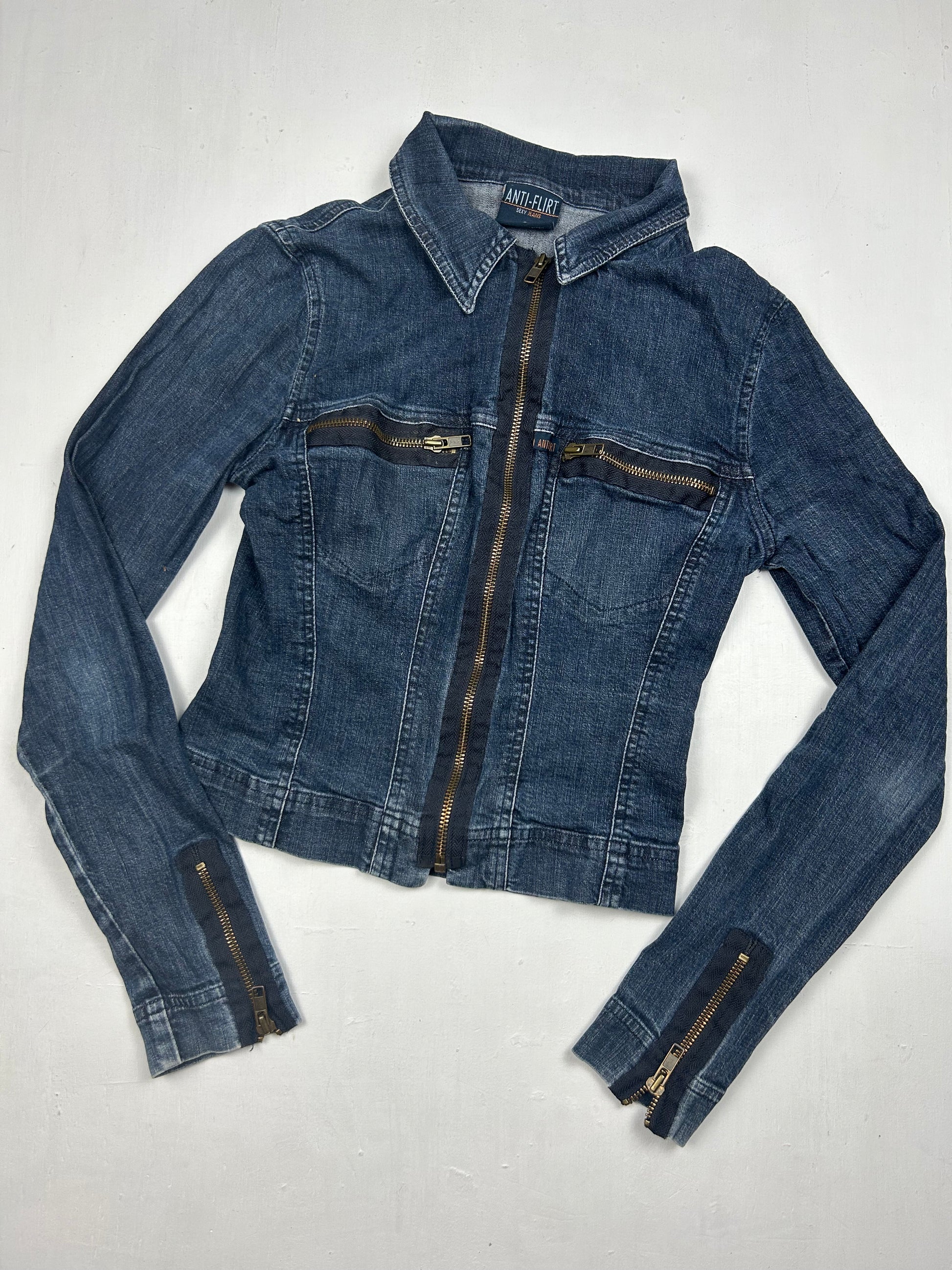 Blue denim zip up biker jacket (XS)
