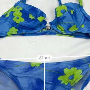 Blue floral print low rise bikini set (S)