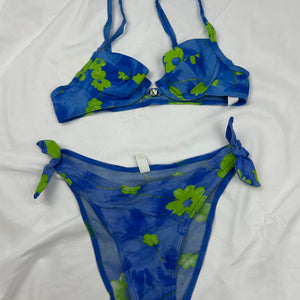 Blue floral print low rise bikini set (S)