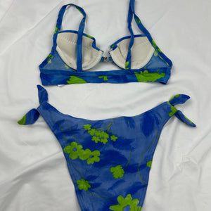 Blue floral print low rise bikini set (S)