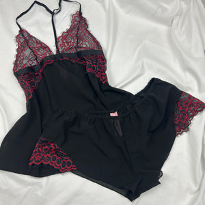 Black lace babydoll top + short set (S/M)