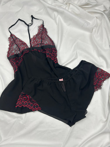 Black lace babydoll top + short set (S/M)