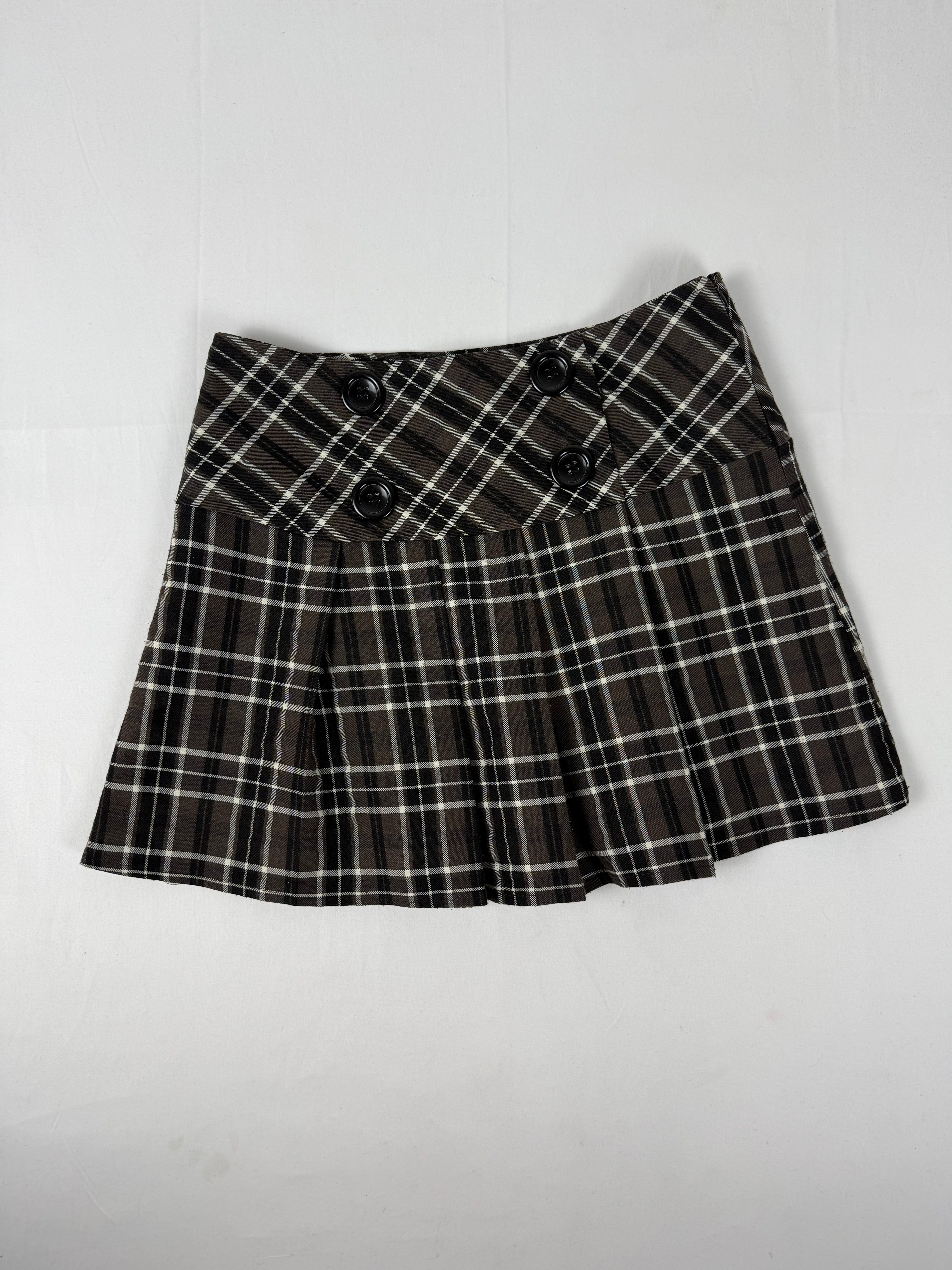 Black check print pleated mini skirt (M)
