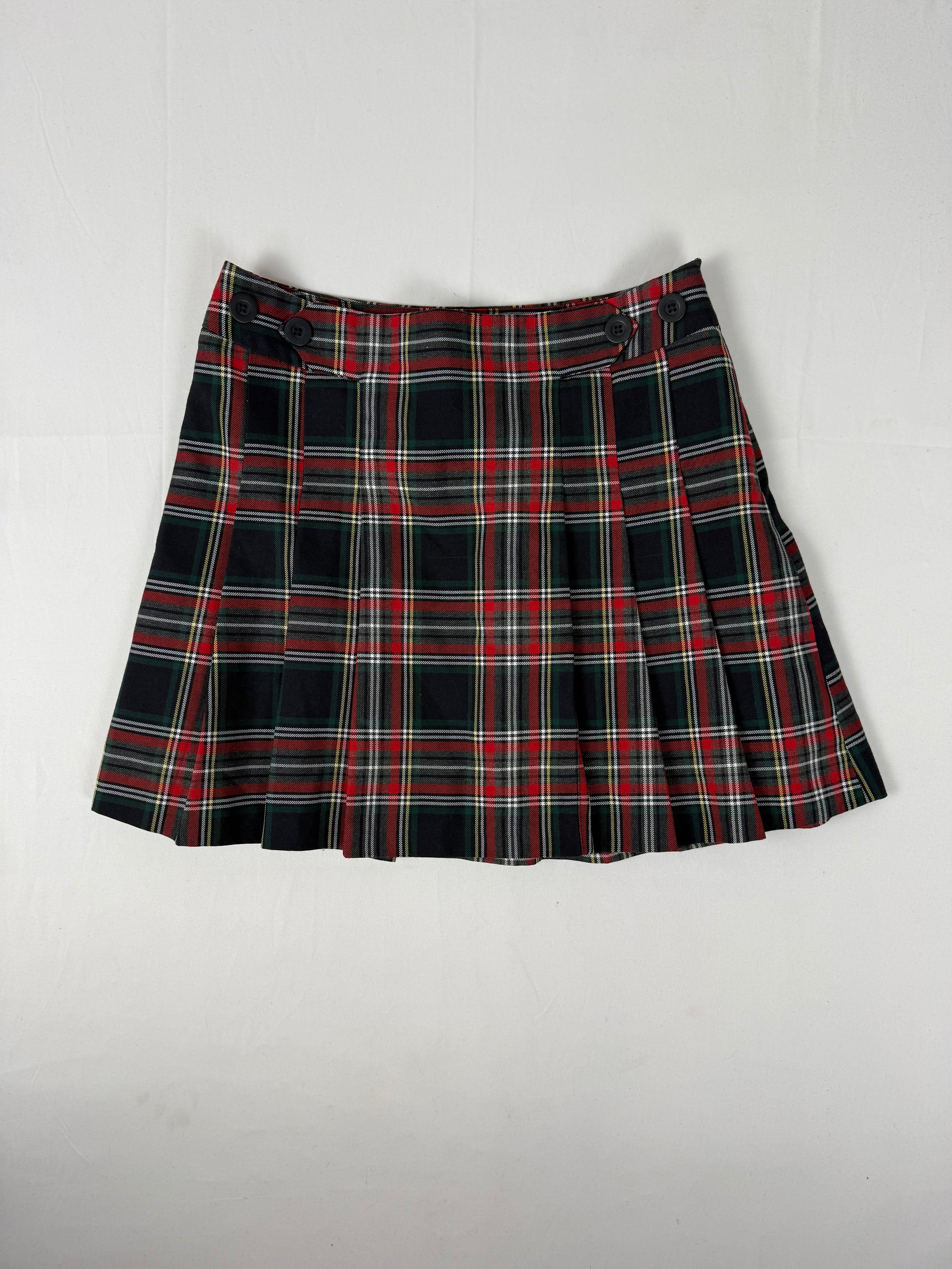 Red check print pleated mini skirt (M)