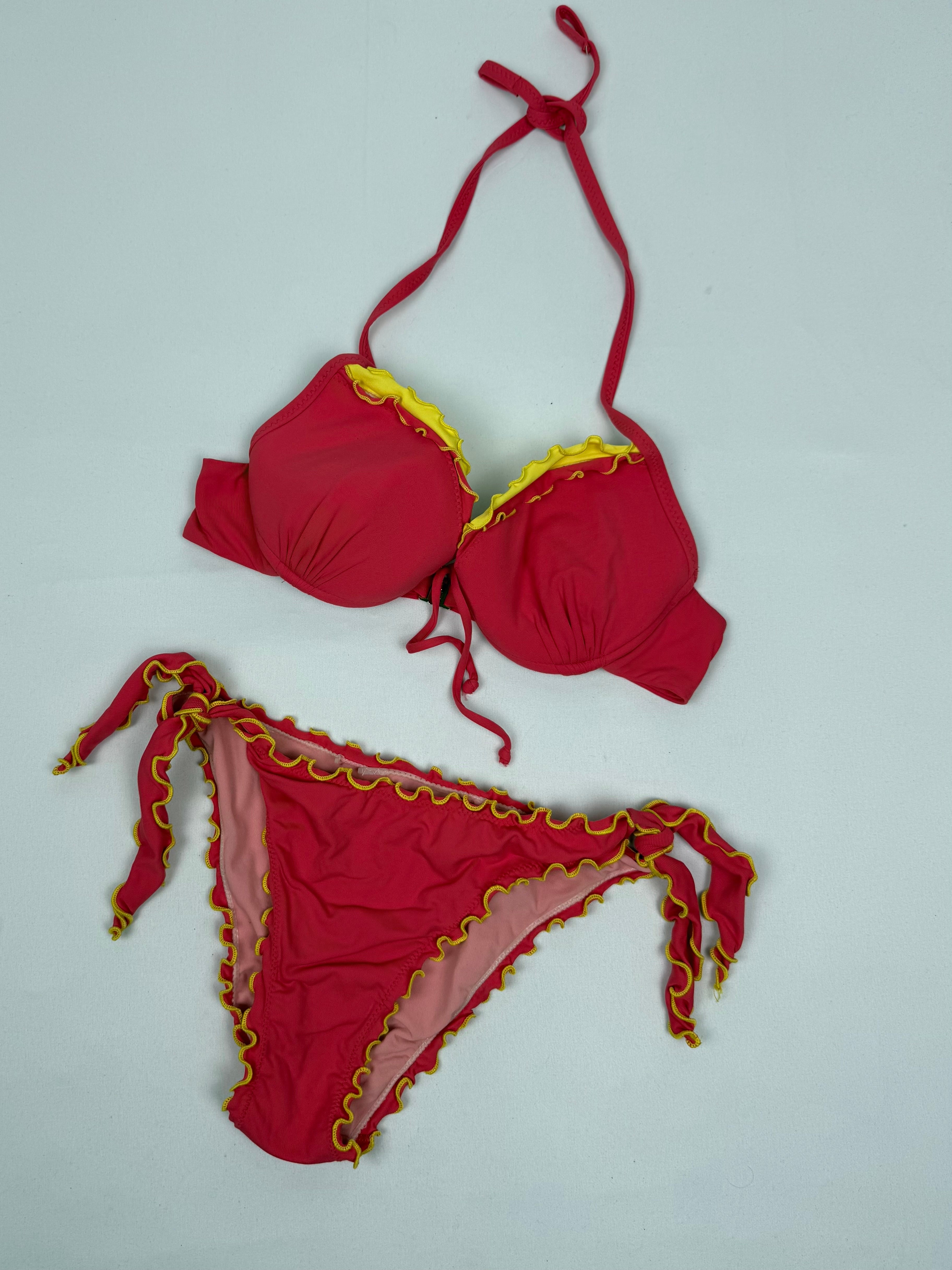 Red lettuce hem low rise bikini set (XS/S)