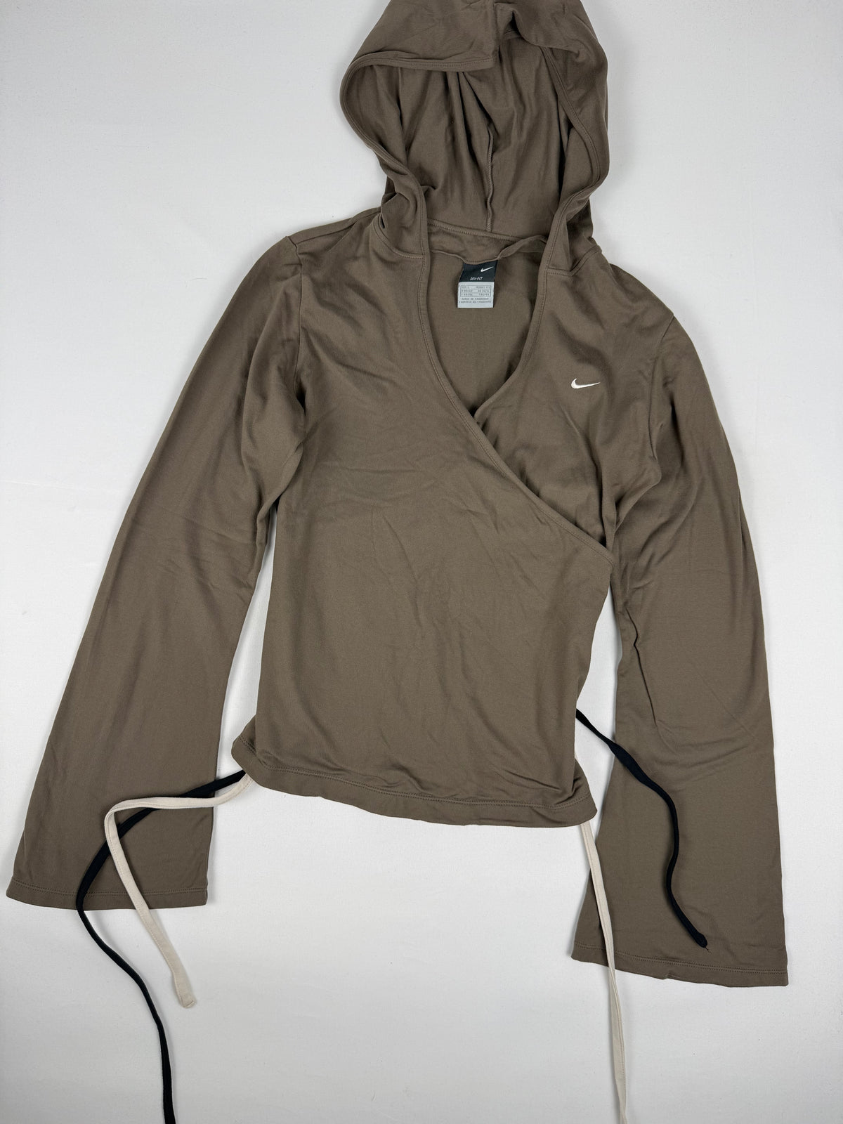 Khaki tie up wrap around hooded top (L)