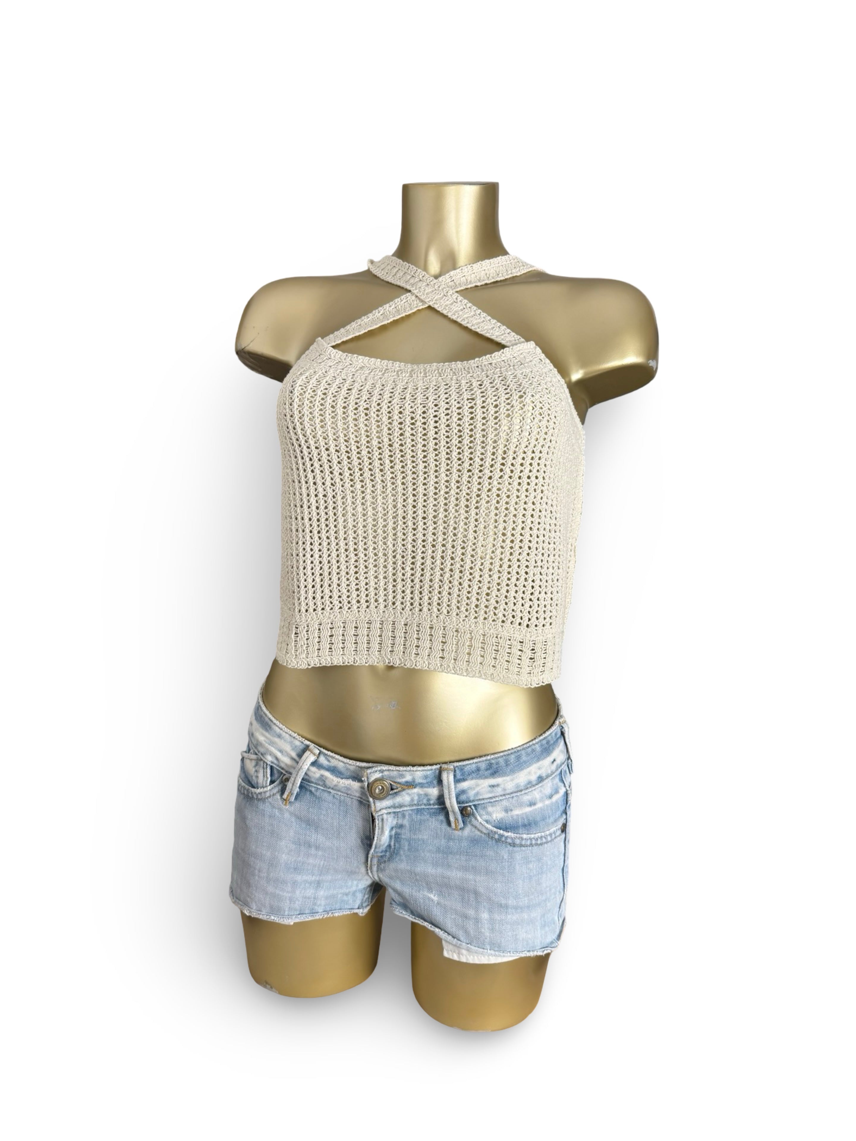Cream knitted crochet top (S)