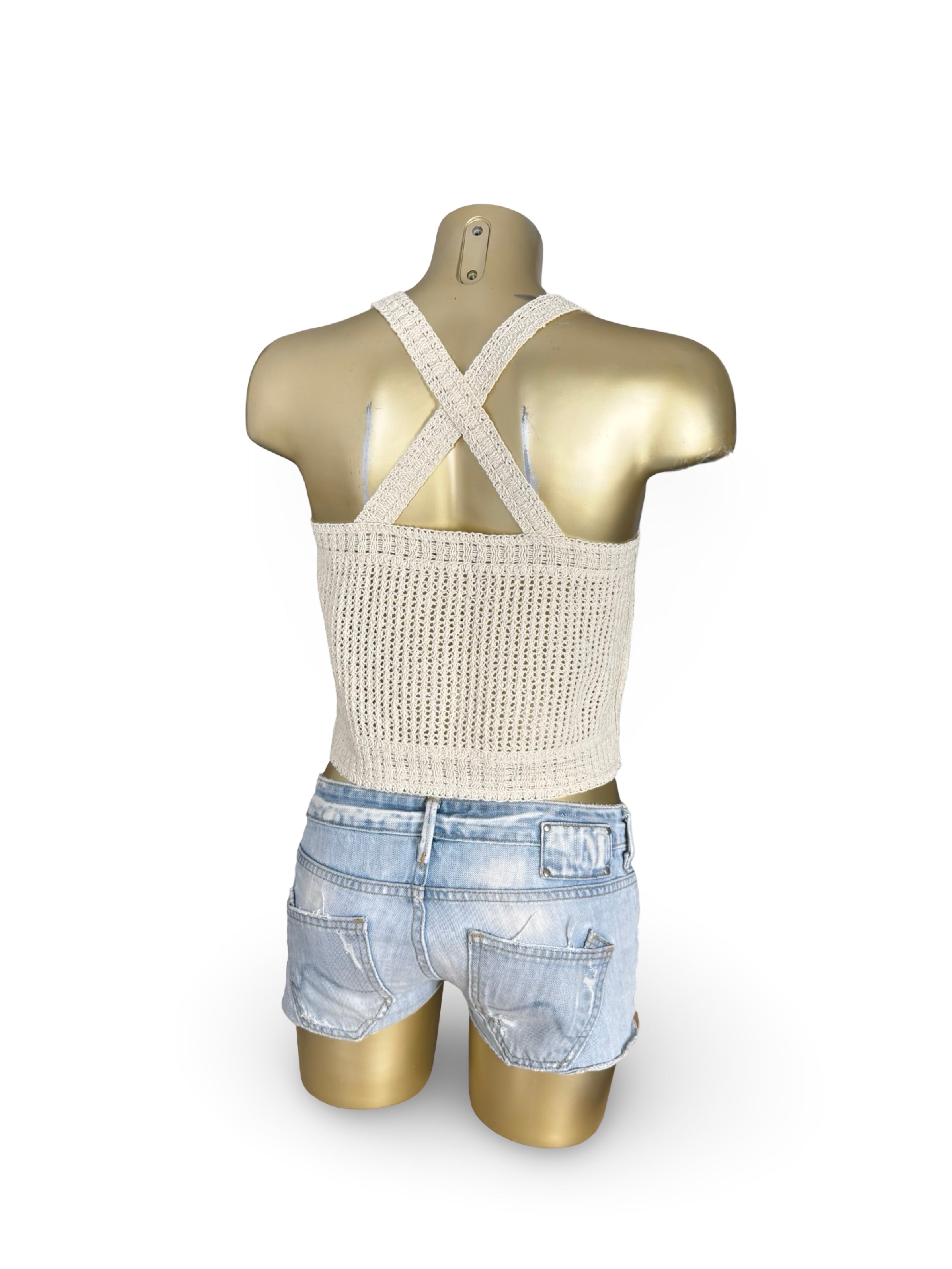 Cream knitted crochet top (S)
