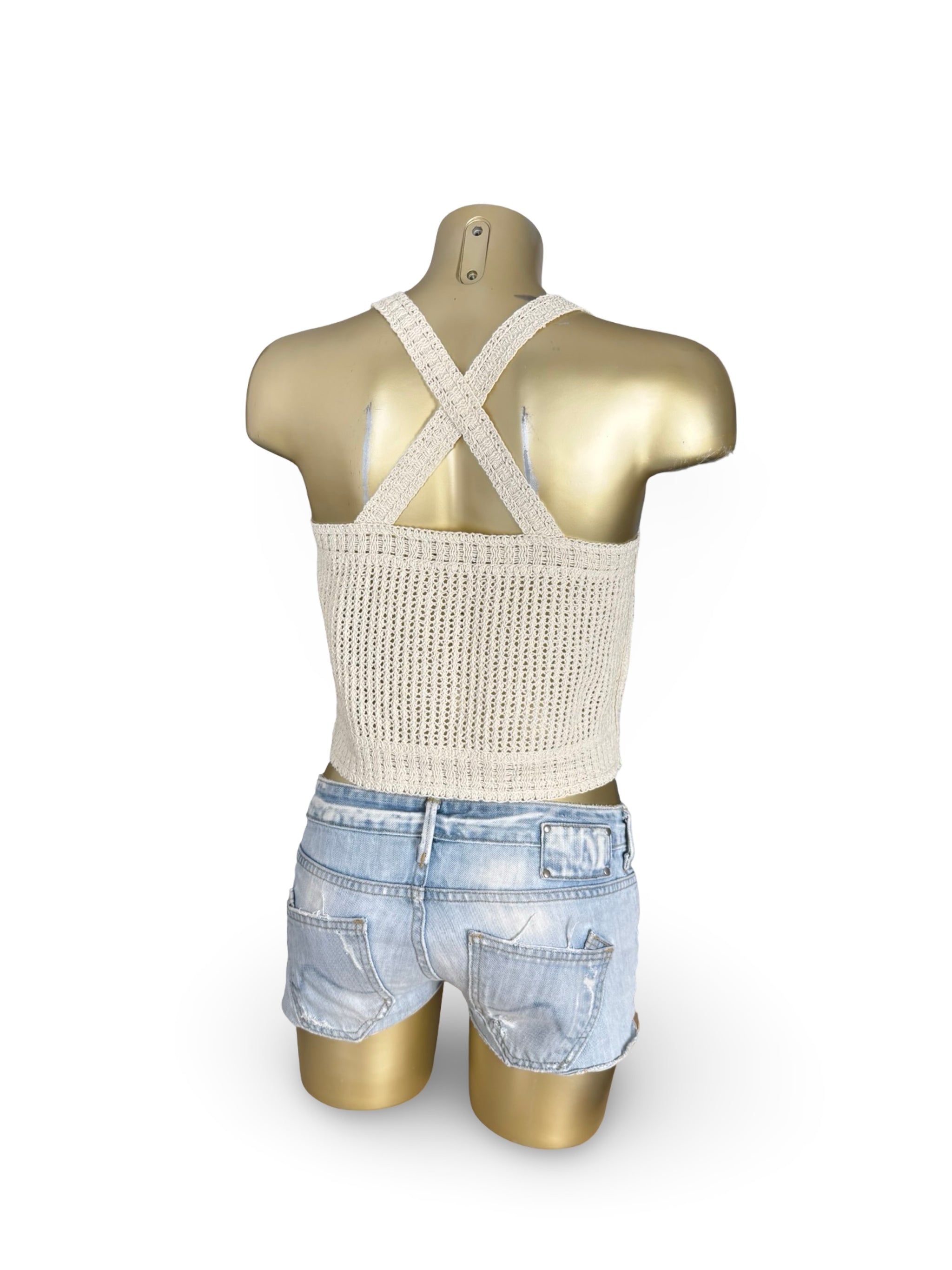 Cream knitted crochet top (S)