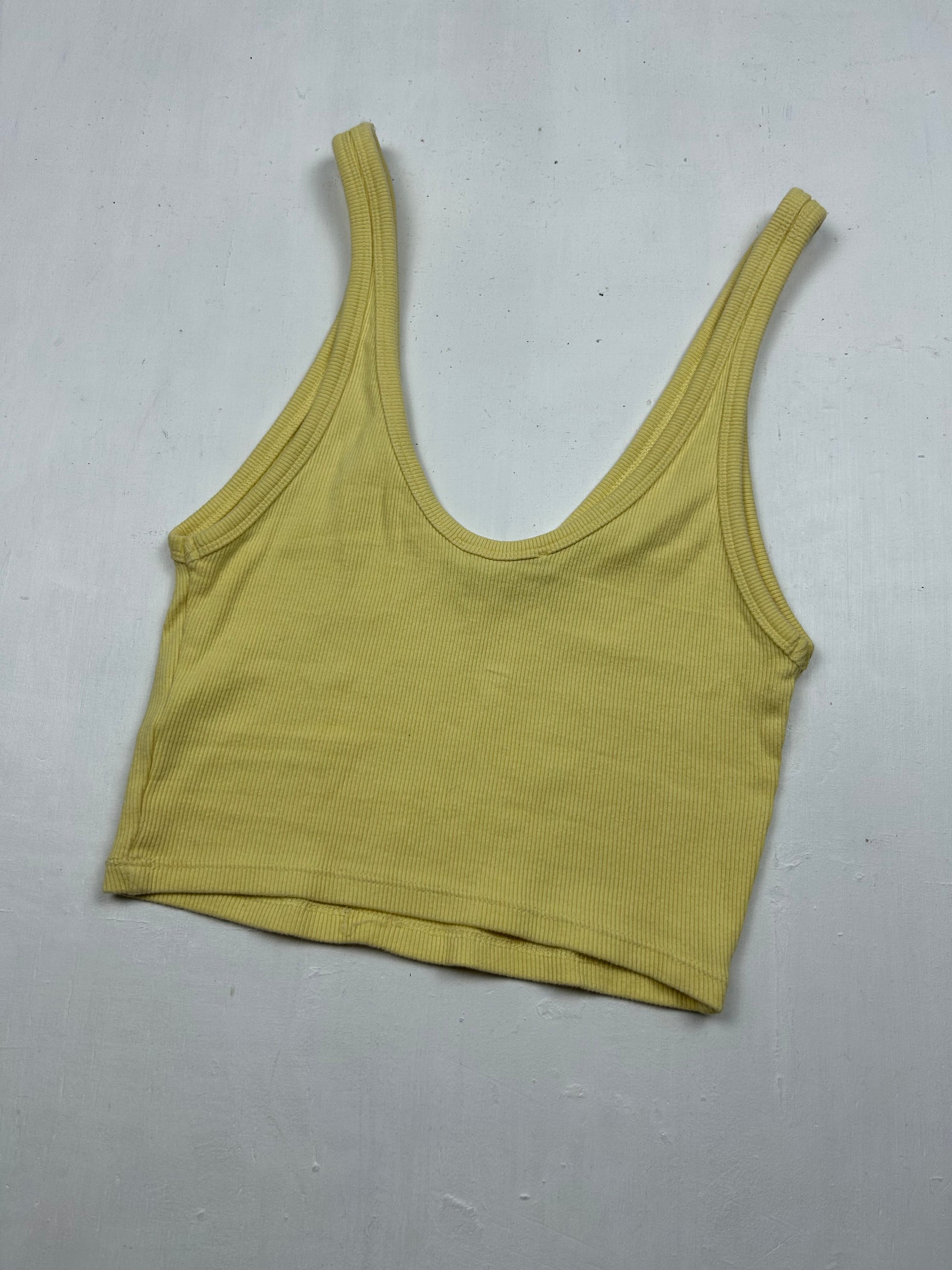 Yellow ribbed V neck cotton top (M)