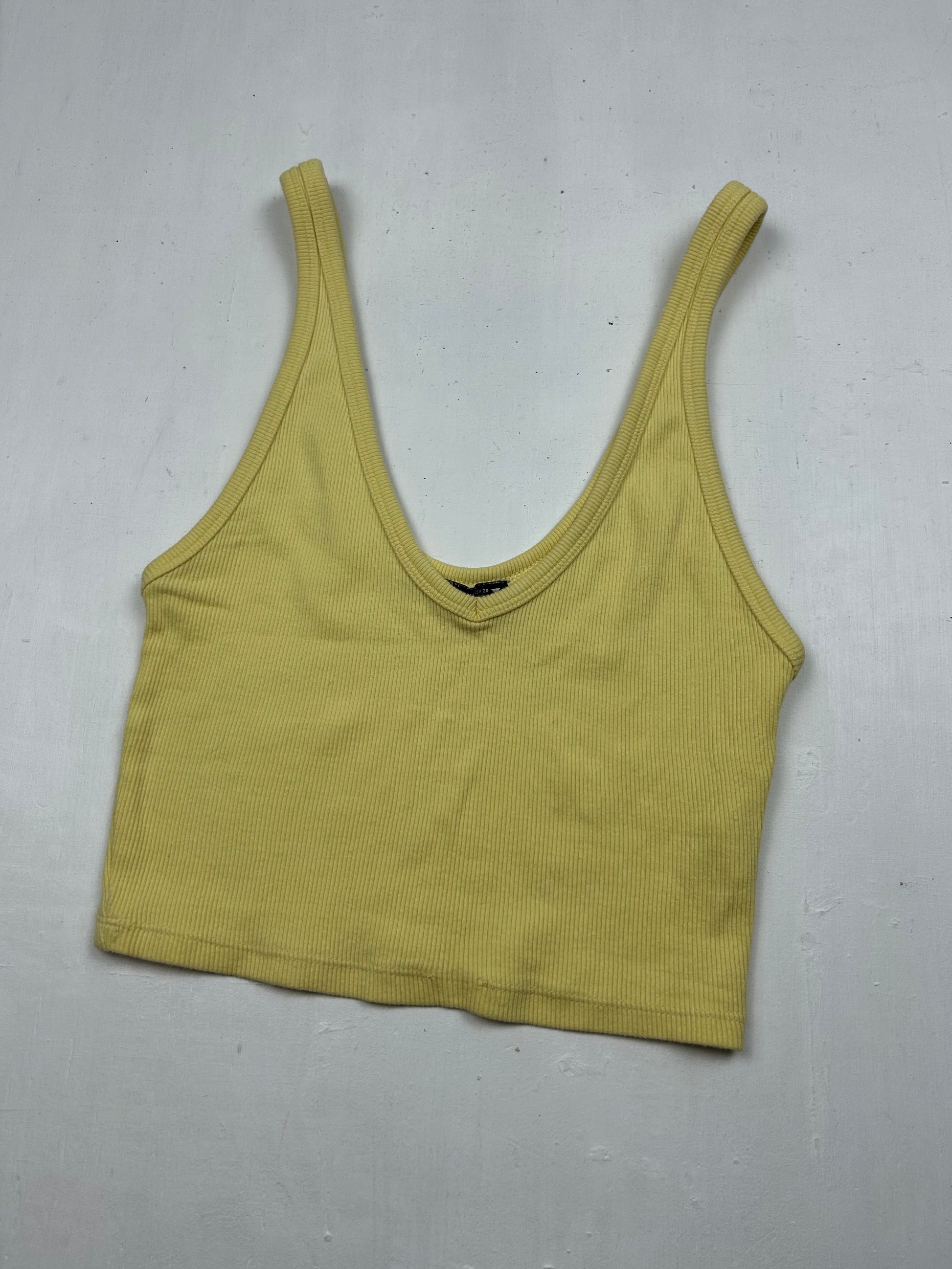 Yellow ribbed V neck cotton top (M)