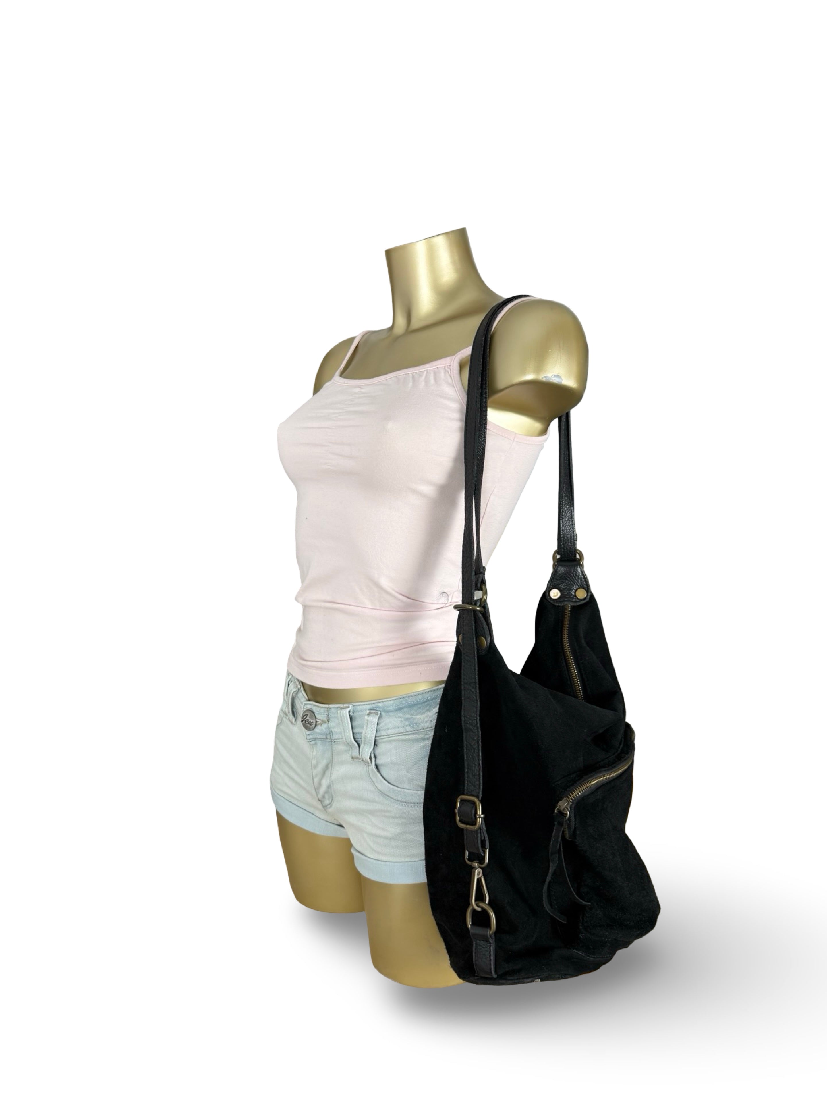 Black real suede lather besace bag