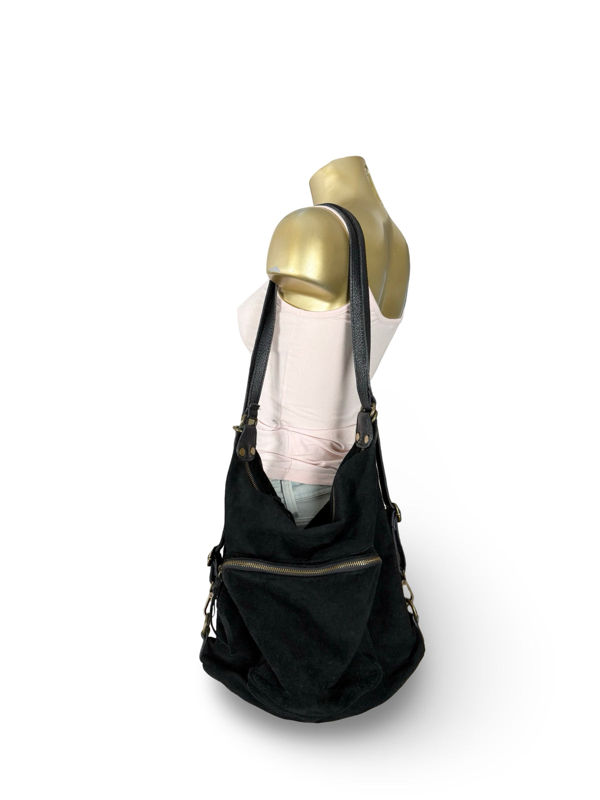 Black real suede lather besace bag