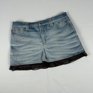 Blue denim & lace pleated mini skirt (S/M)