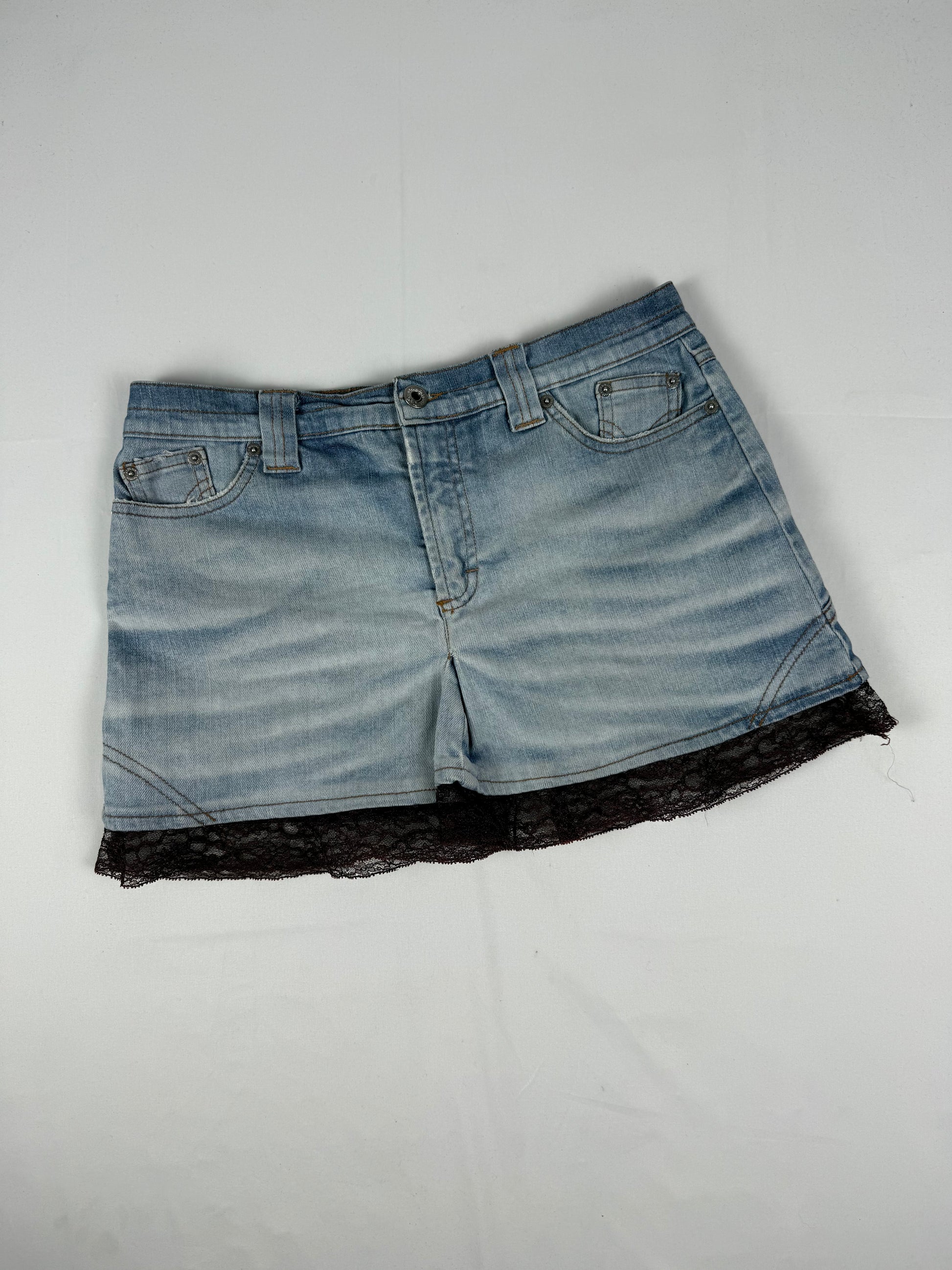 Blue denim & lace pleated mini skirt (S/M)