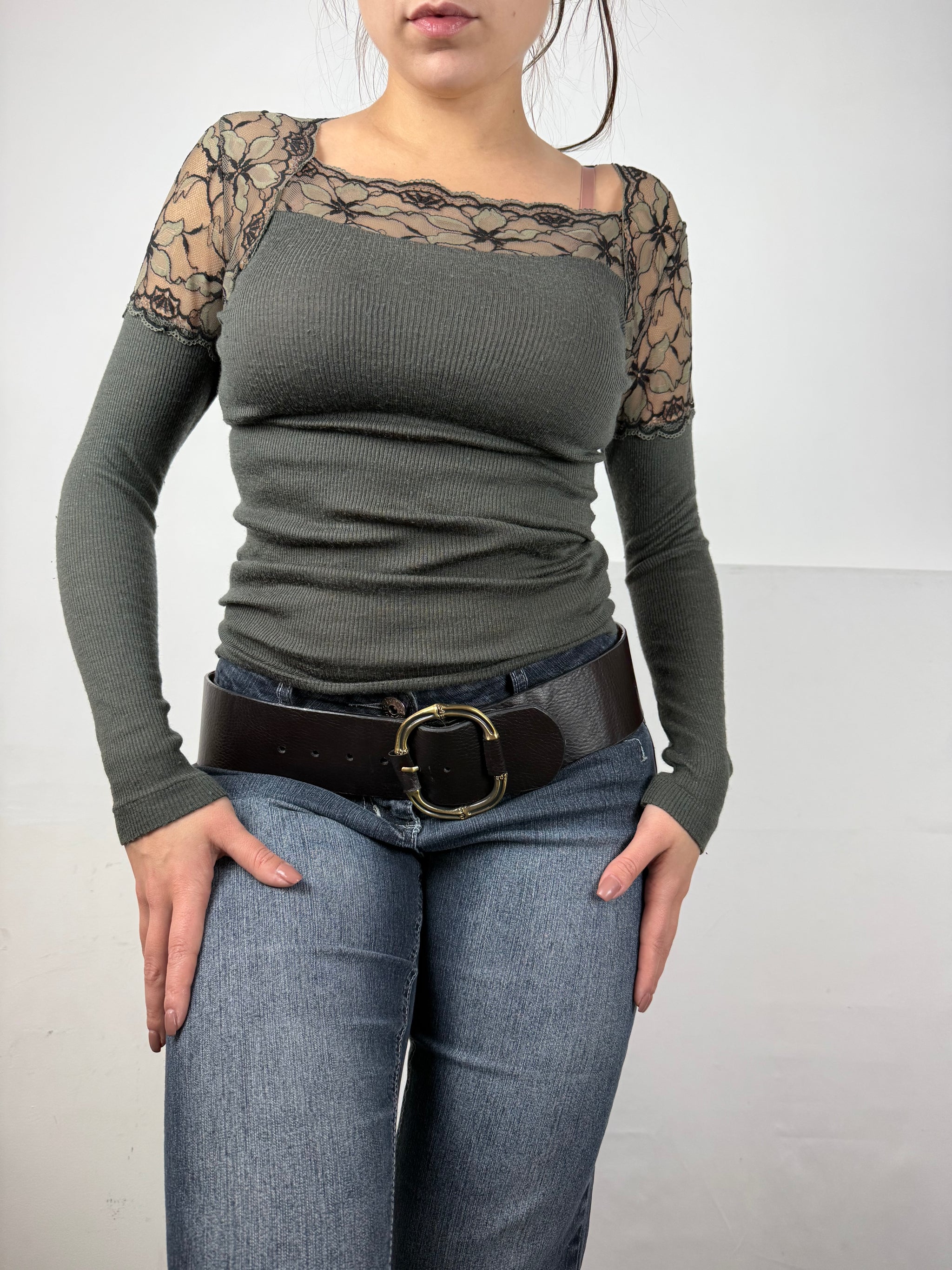 Khaki ribbed long sleeves top (S)