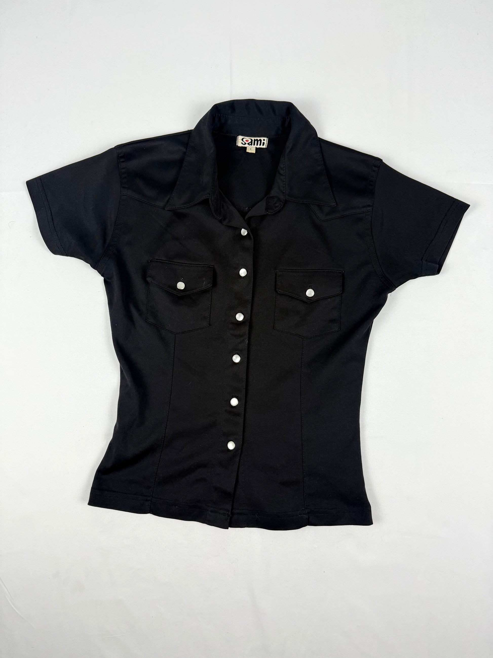 Black tight fit buttons up tee (S)