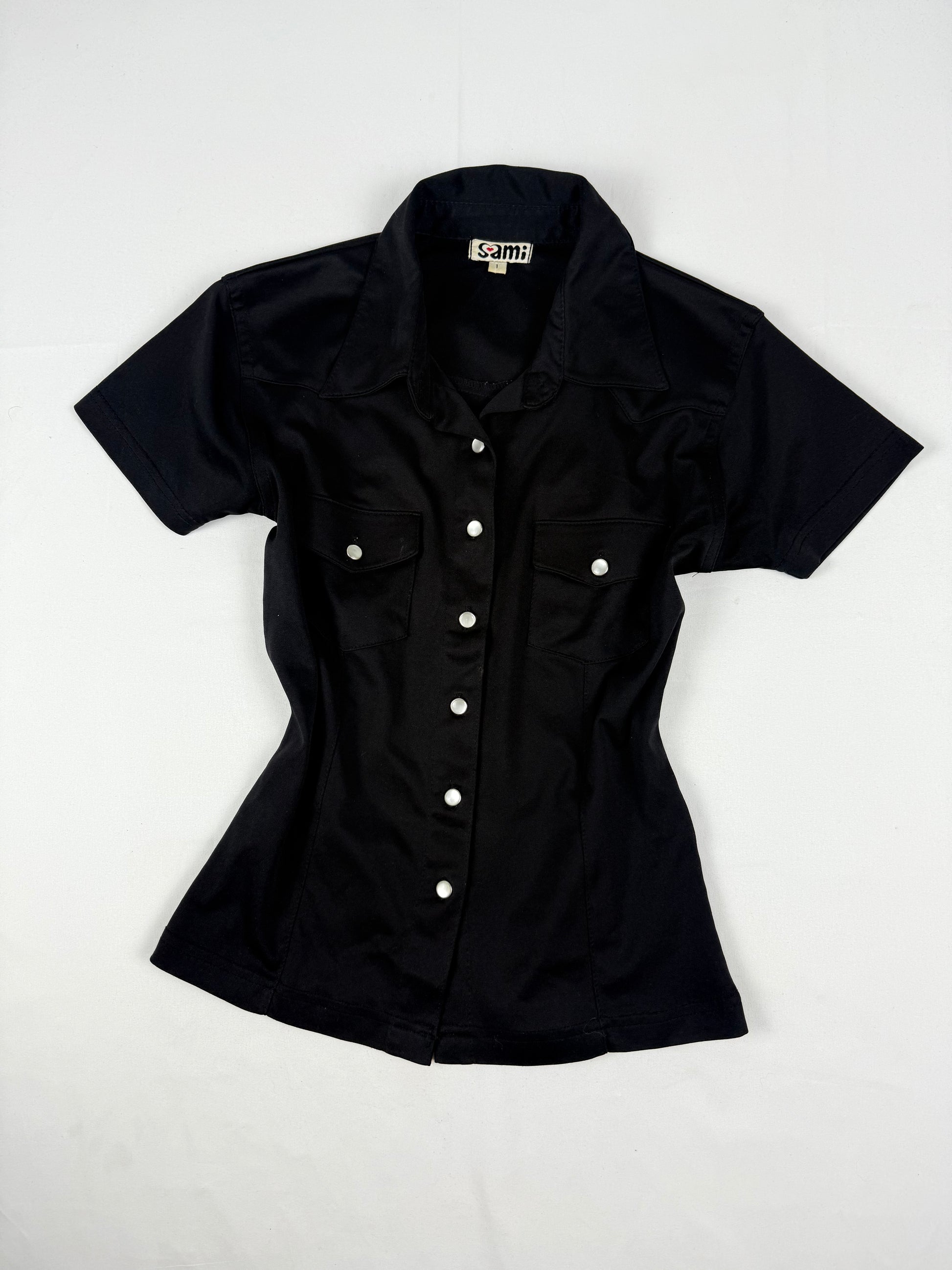 Black tight fit buttons up tee (S)
