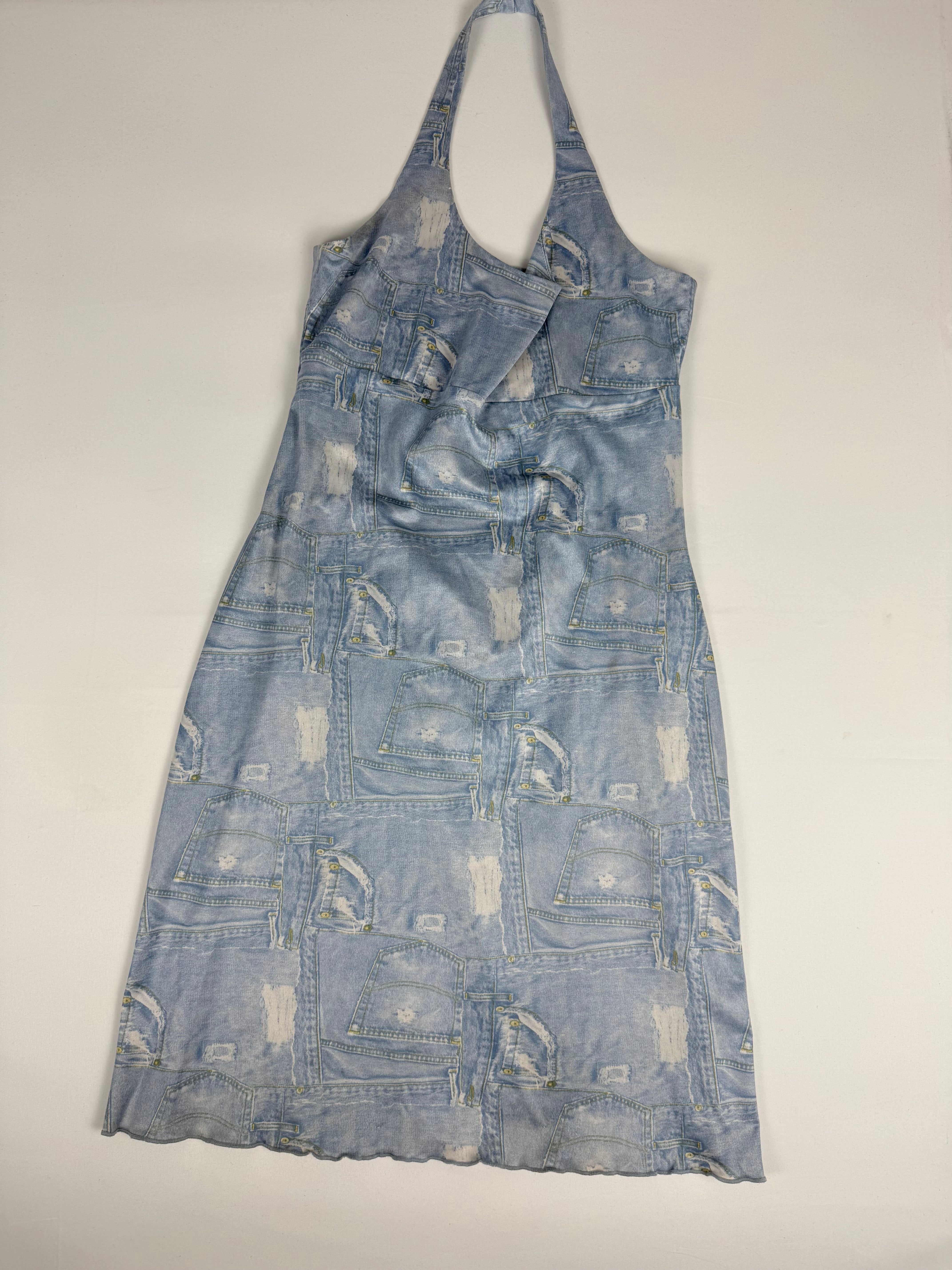 Blue denim graphic backless mini dress (M)