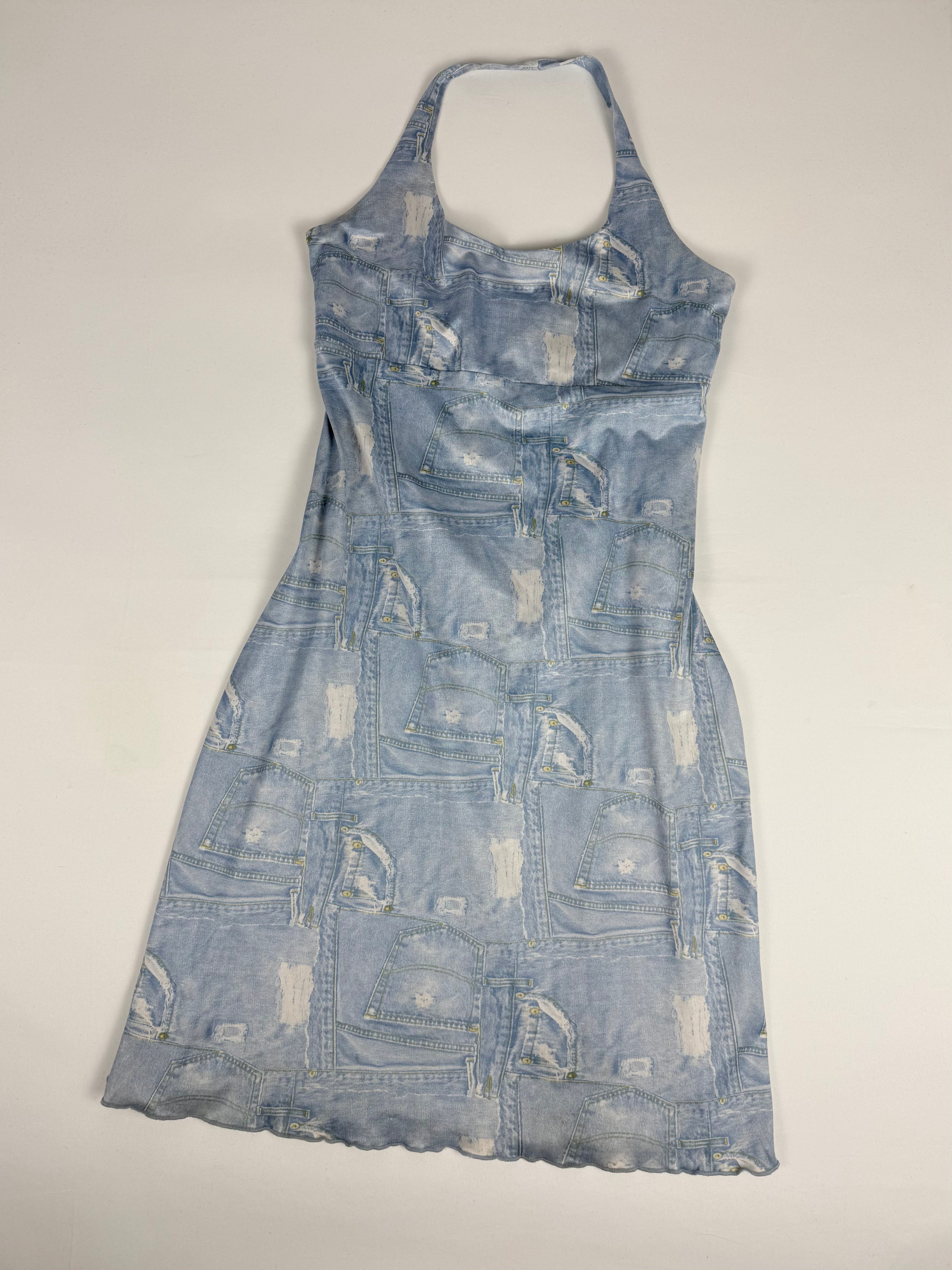 Blue denim graphic backless mini dress (M)