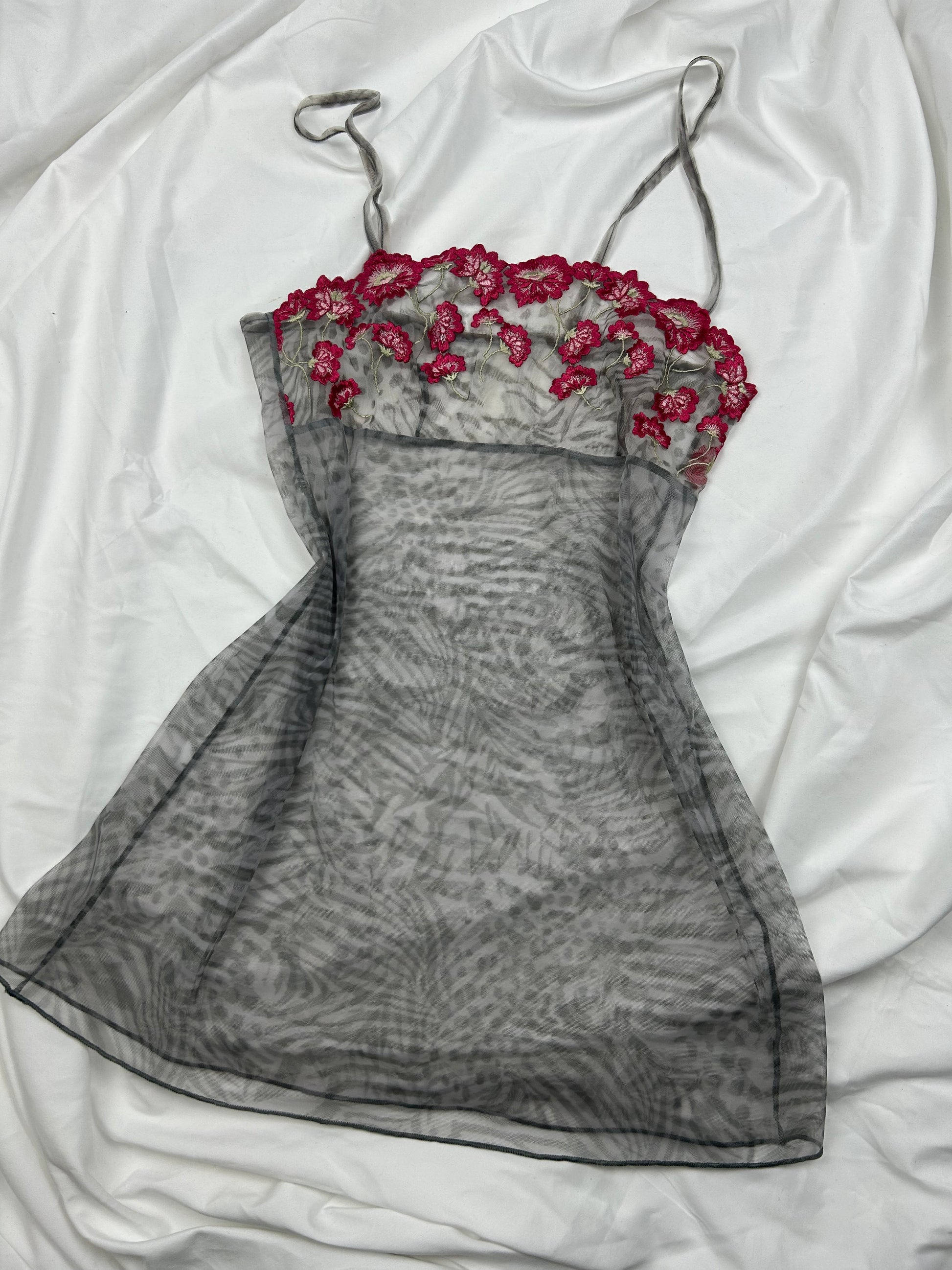 Grey floral mesh see trough babydoll mini dress (S)