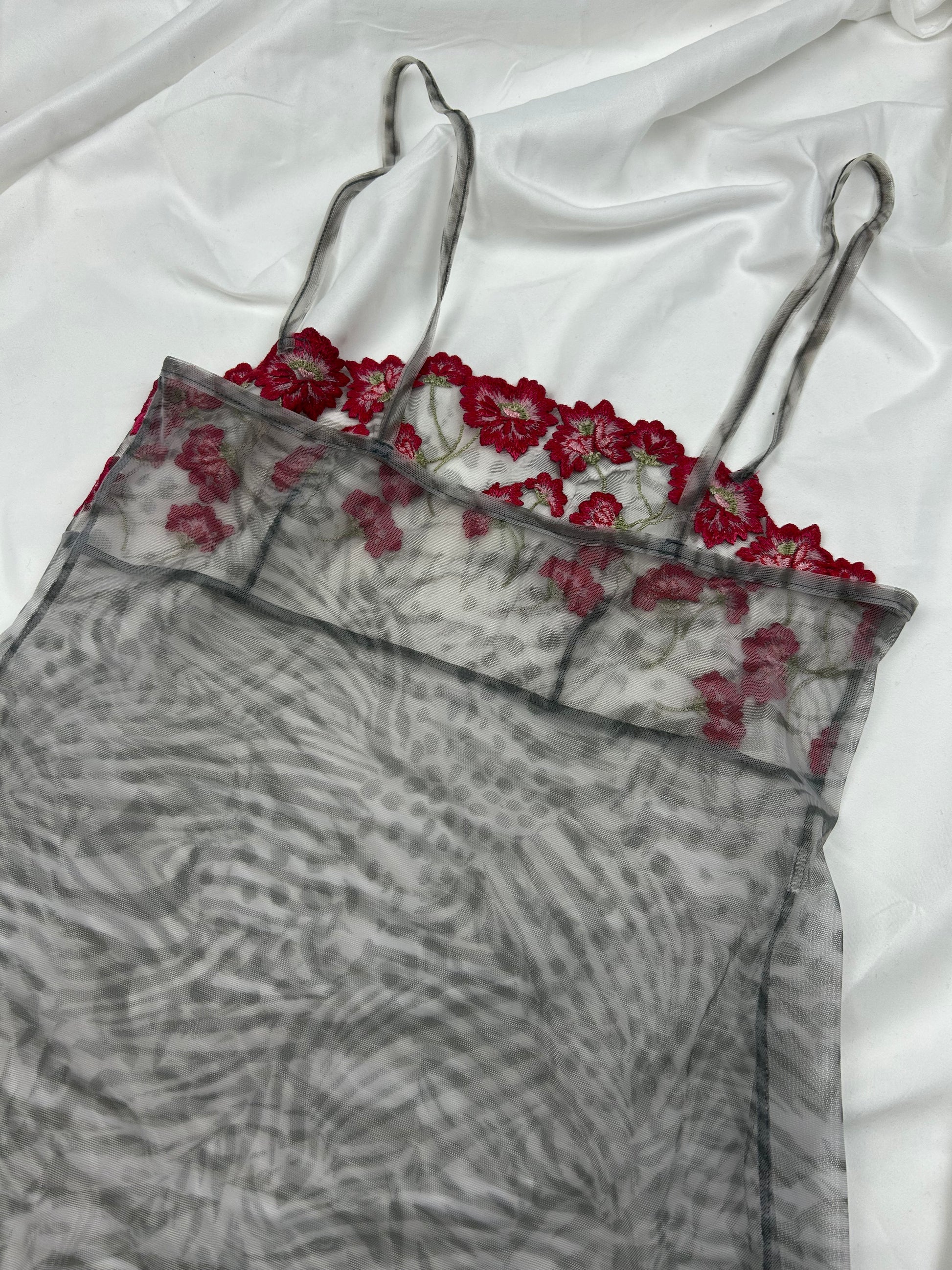 Grey floral mesh see trough babydoll mini dress (S)