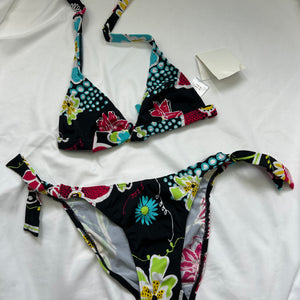Black floral print low rise bikini set (S)