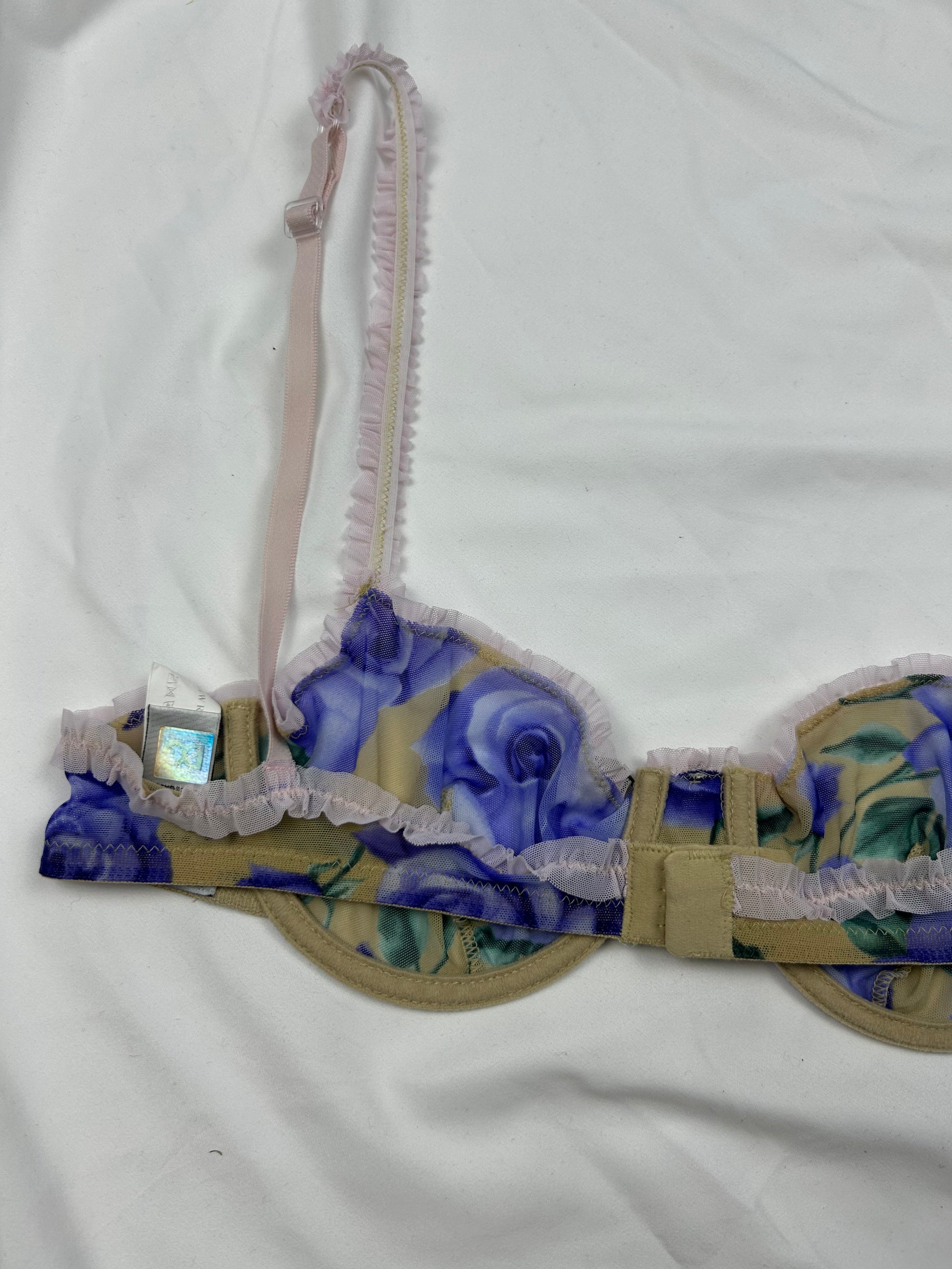 Purple floral mesh balcony vintage bra (100B)
