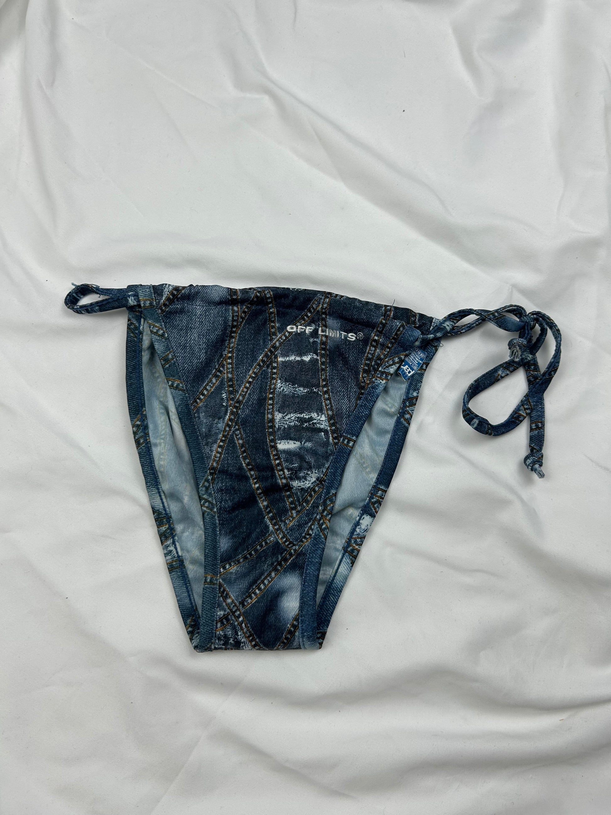 Blue denim print low rise bikini bottom (S)