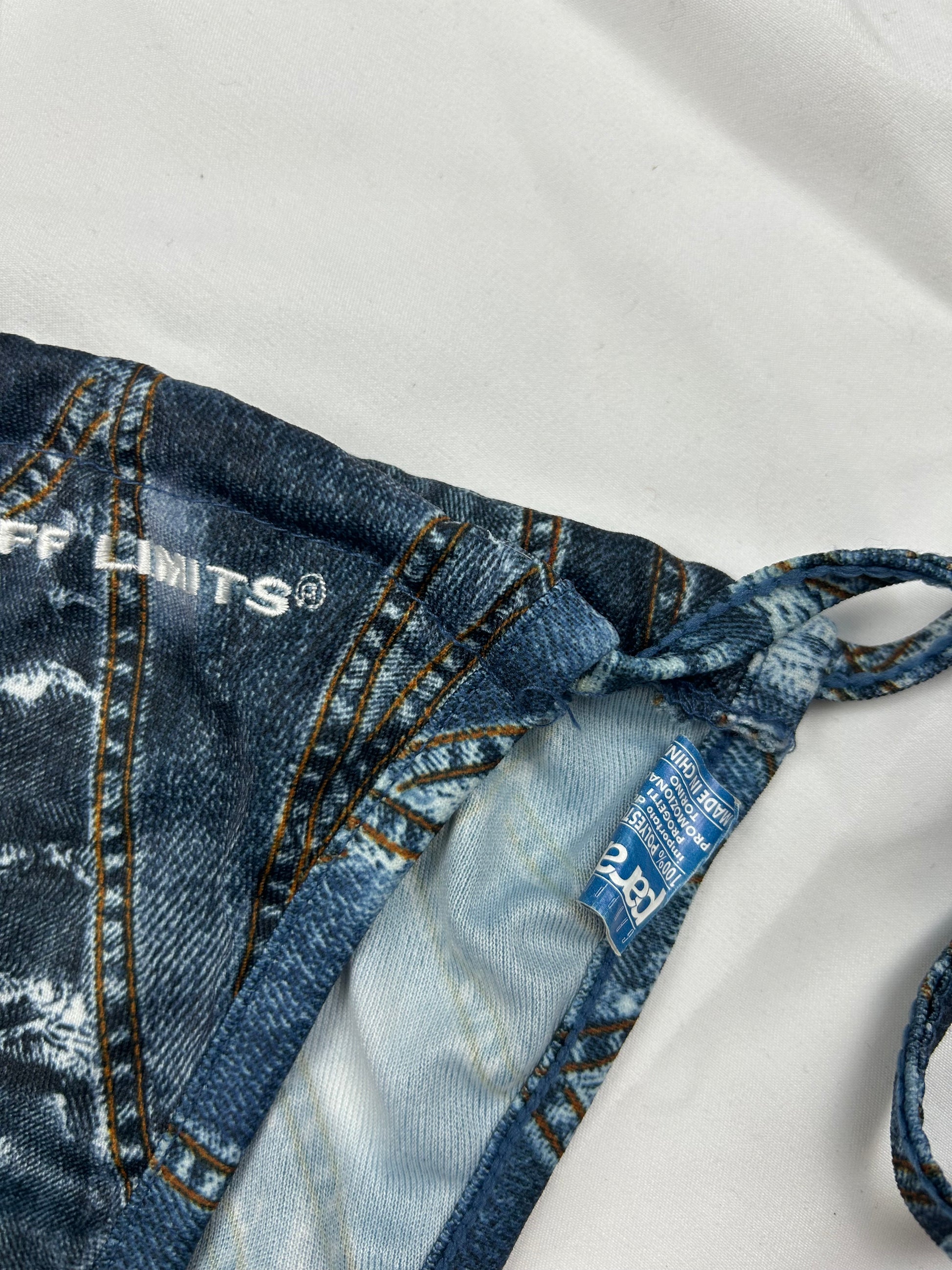 Blue denim print low rise bikini bottom (S)
