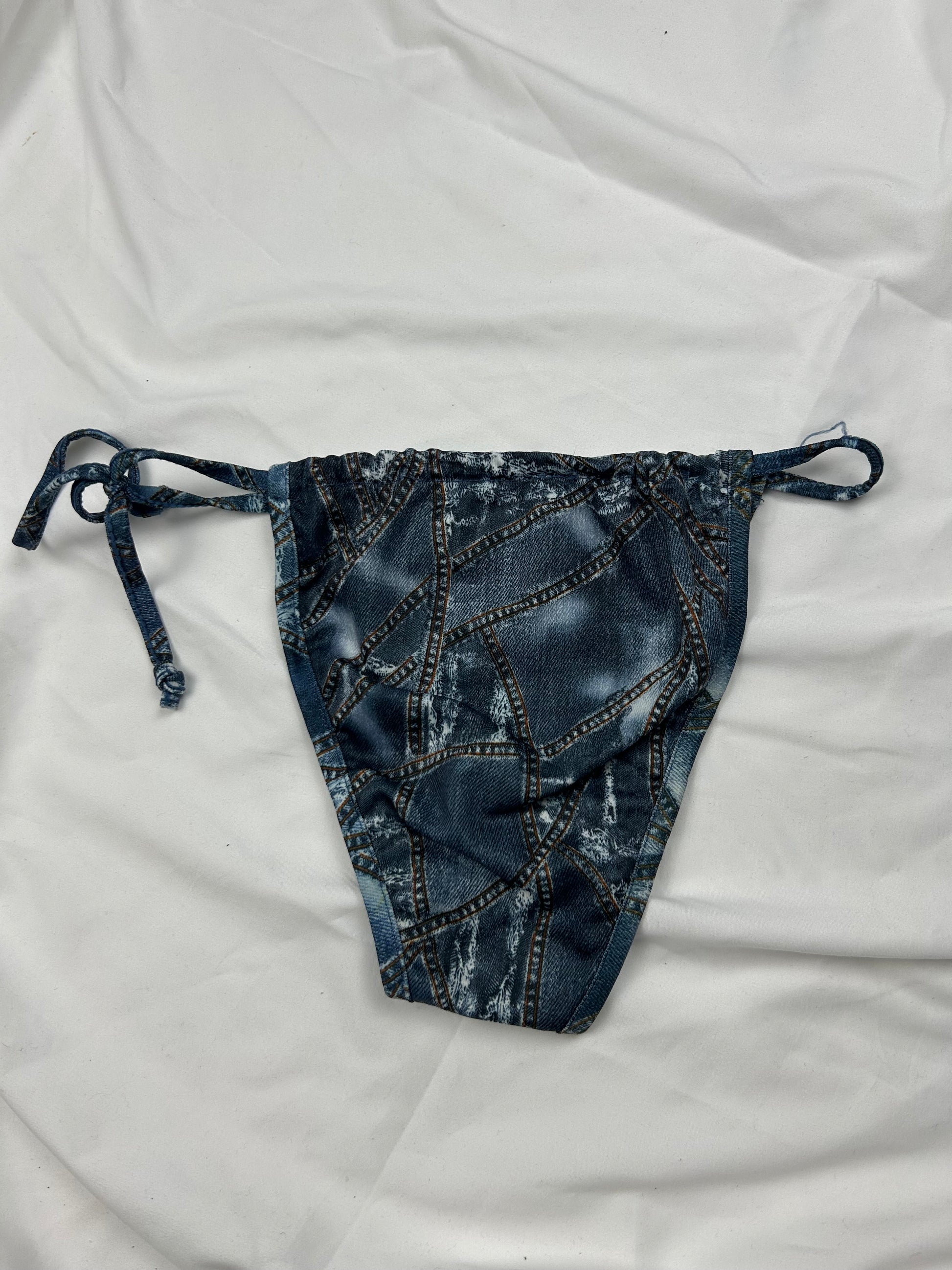 Blue denim print low rise bikini bottom (S)
