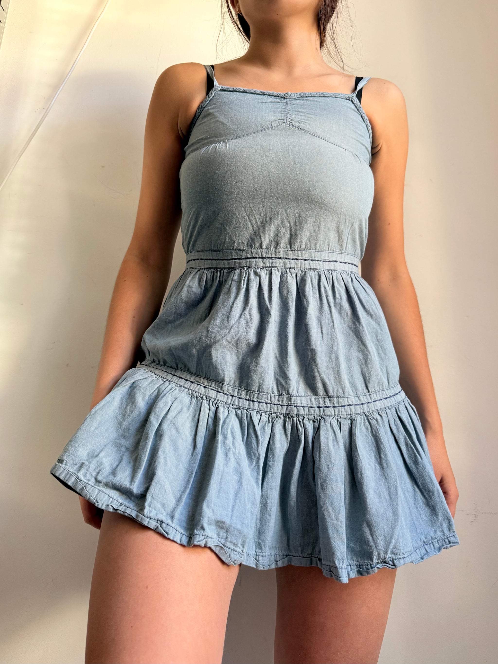 Blue denim cotton pleated top (XXS/XS)