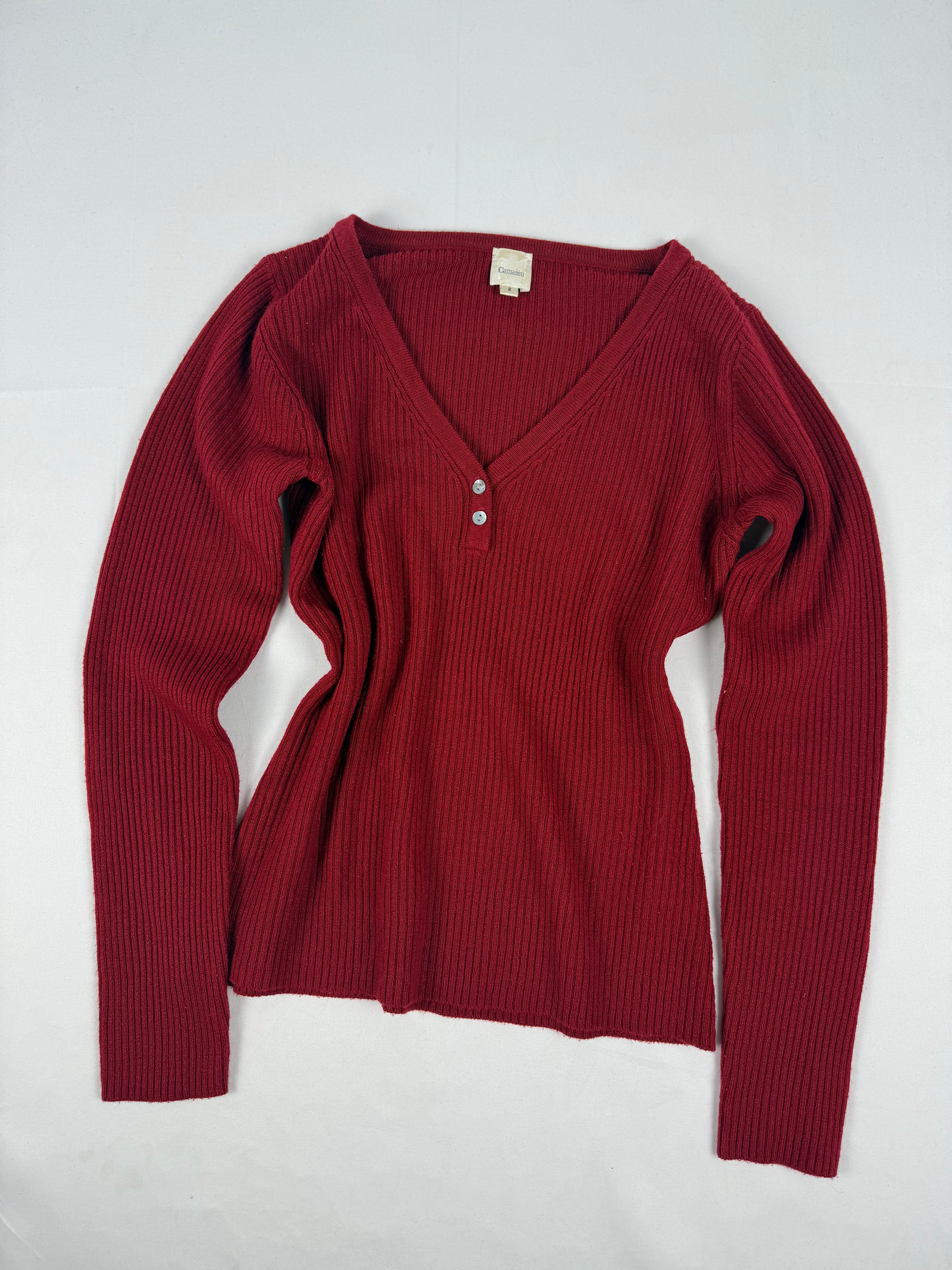 Red ribbed V neck jumper (M)