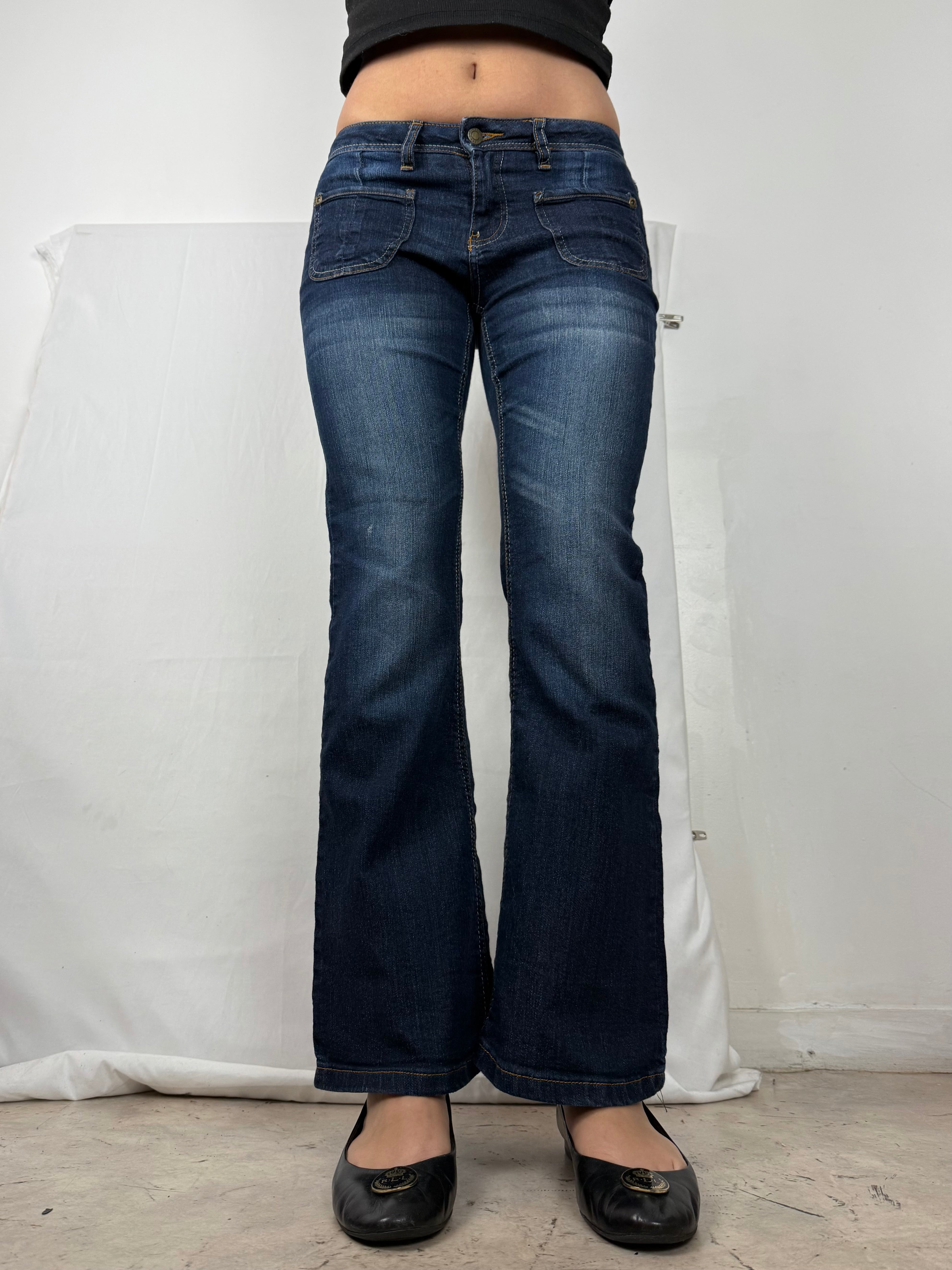 Navy blue denim low waist flare pants (S)
