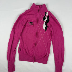 Pink logo tight fit zip up cardigan jumper (XS)