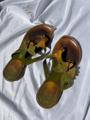 Green butterfly real leather flip flop (36)