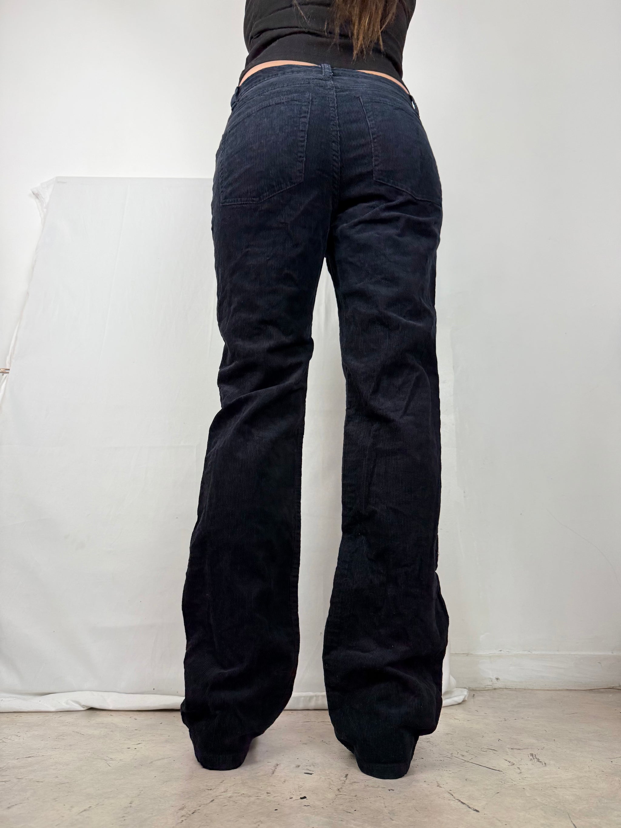 Navy ribbed denim low waist baggy pants (M)