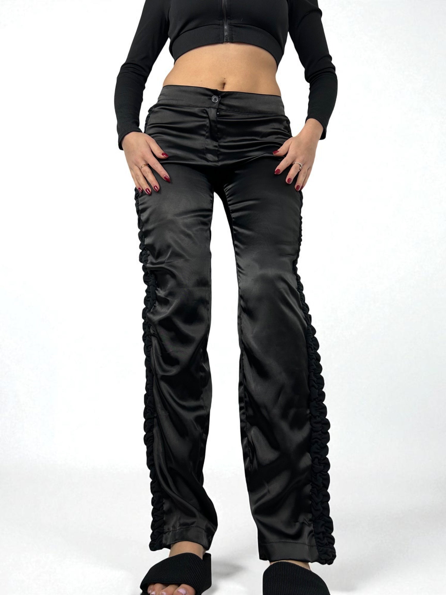 Black silky low rise bootcut office pants (M)