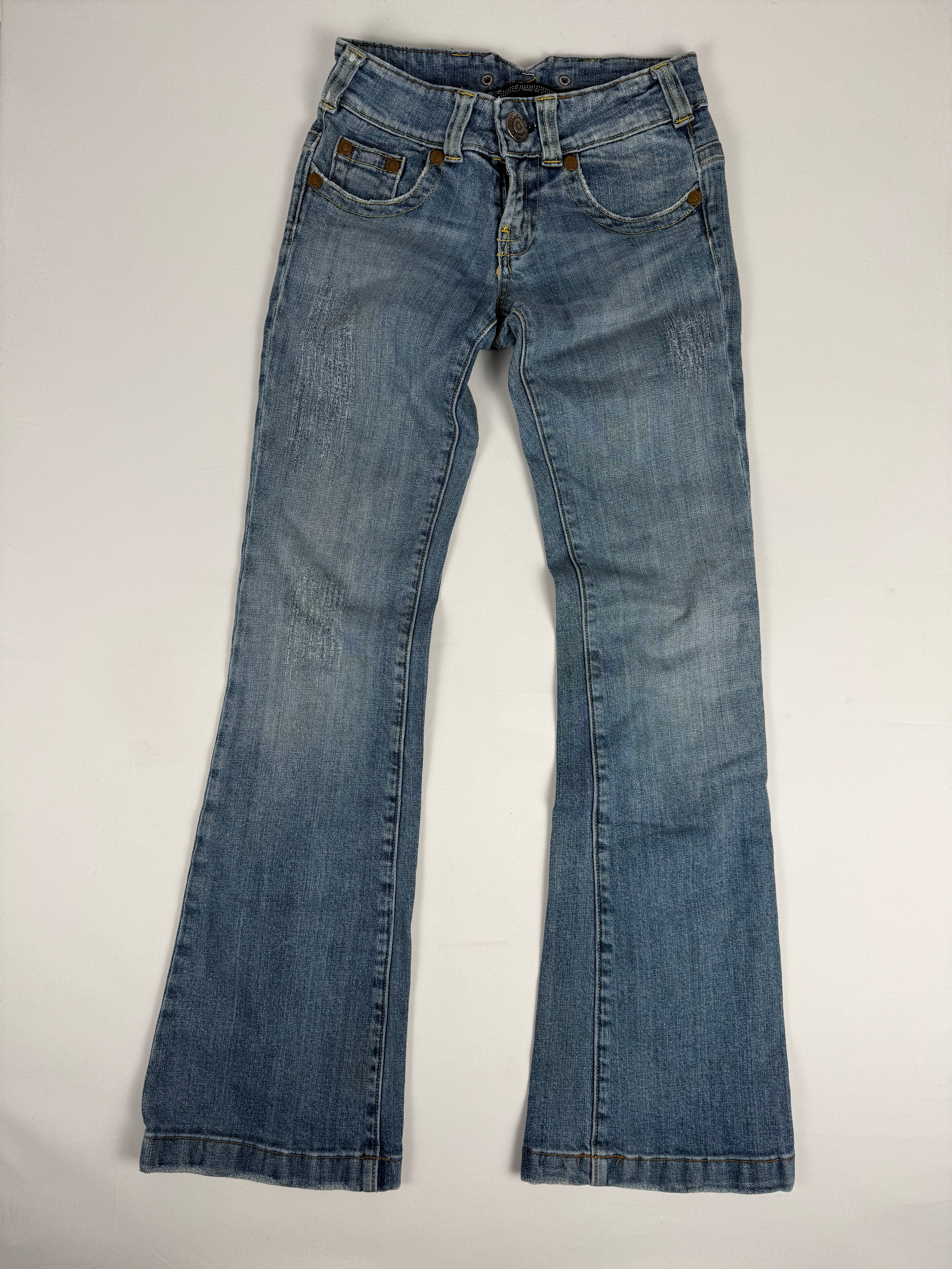 Blue denim low rise flare pants (S)