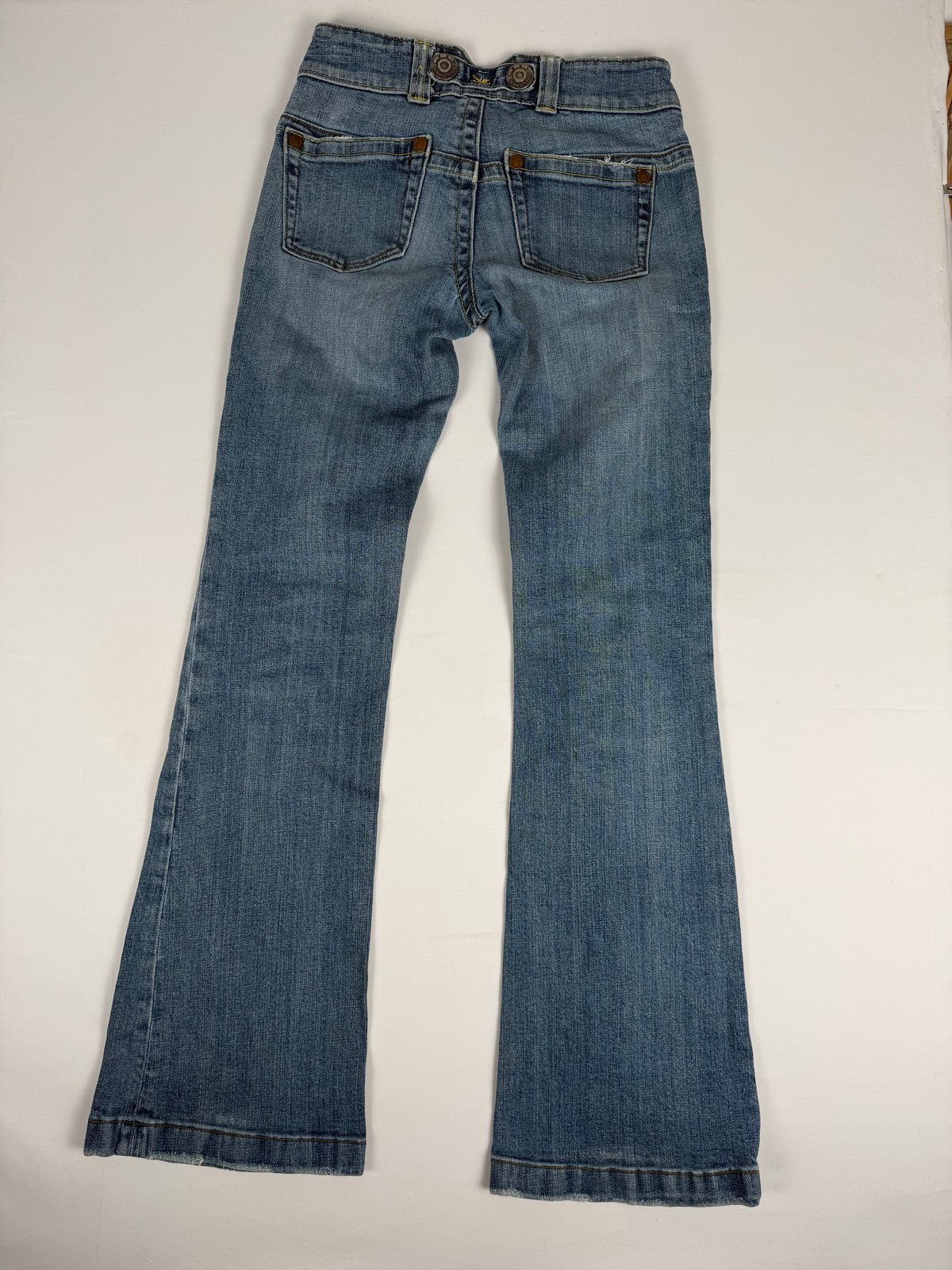 Blue denim low rise flare pants (S)
