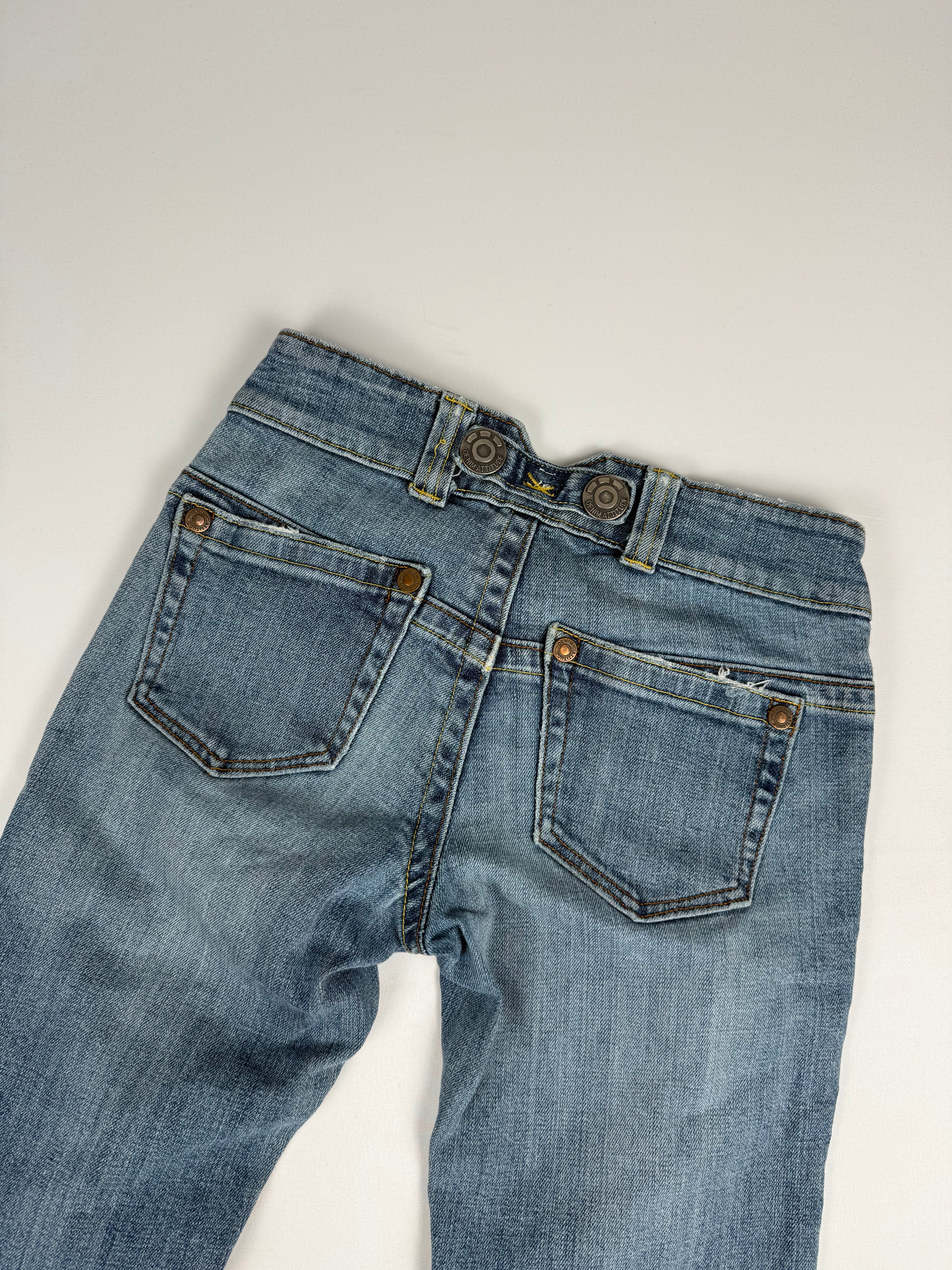 Blue denim low rise flare pants (S)